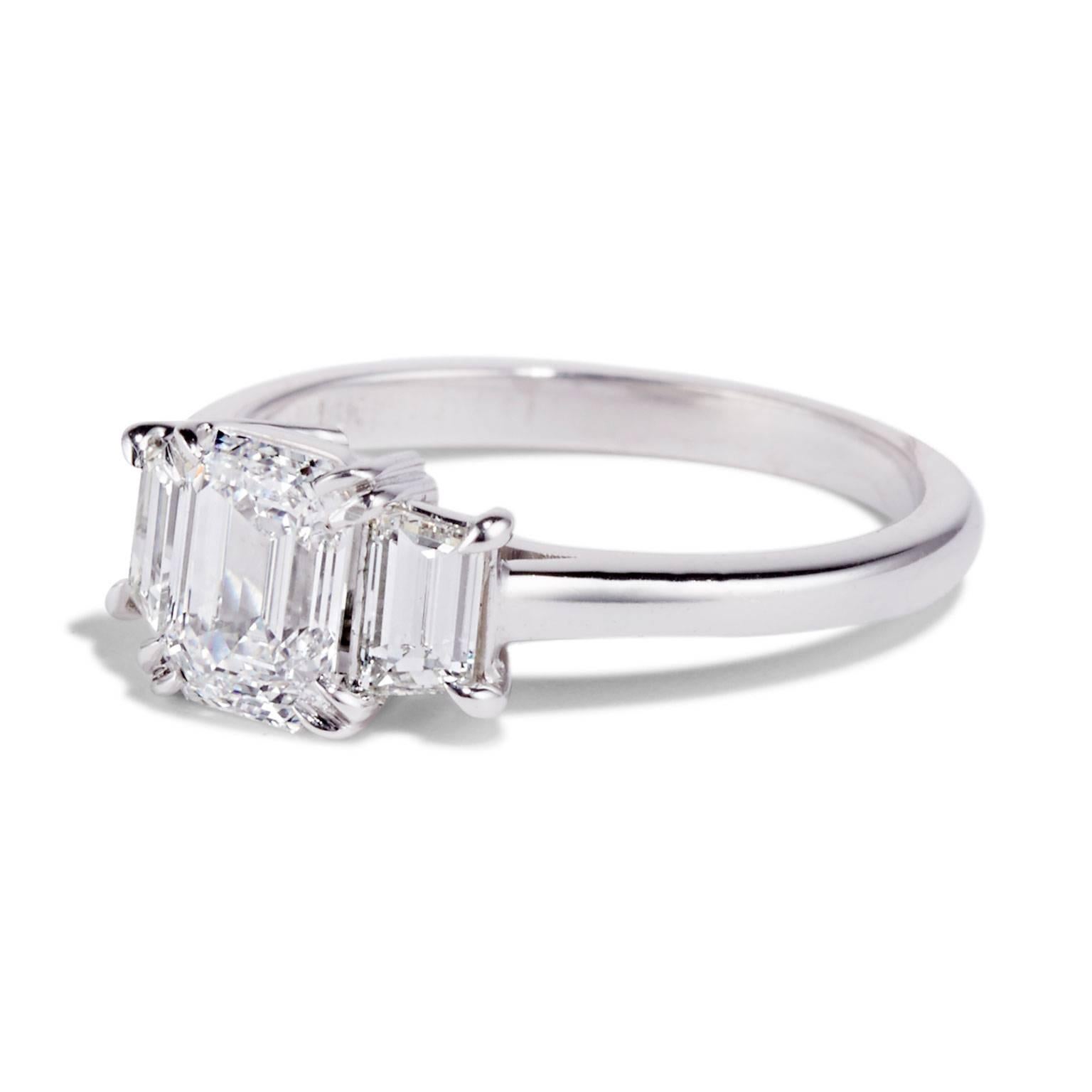 Cushla Whiting's SOFIA design is a contemporary take on a classic art deco three-stone style. This impeccably cut geometric setting is a truly sophisticated and rare choice for the perfect engagement ring. 

Image shows the SOFIA ring made in 18