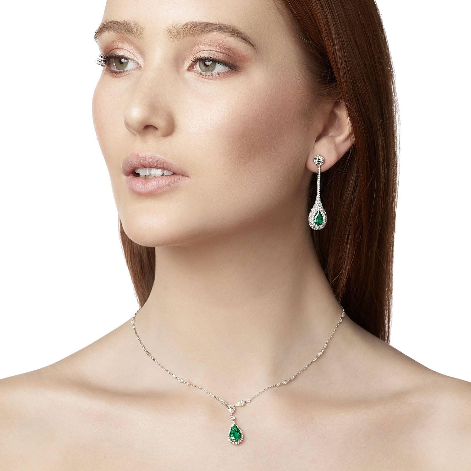 Modern Cushla Whiting GIA cert 1.23 ct Muzo Emerald and 0.826 ct Diamond Drop Earrings For Sale