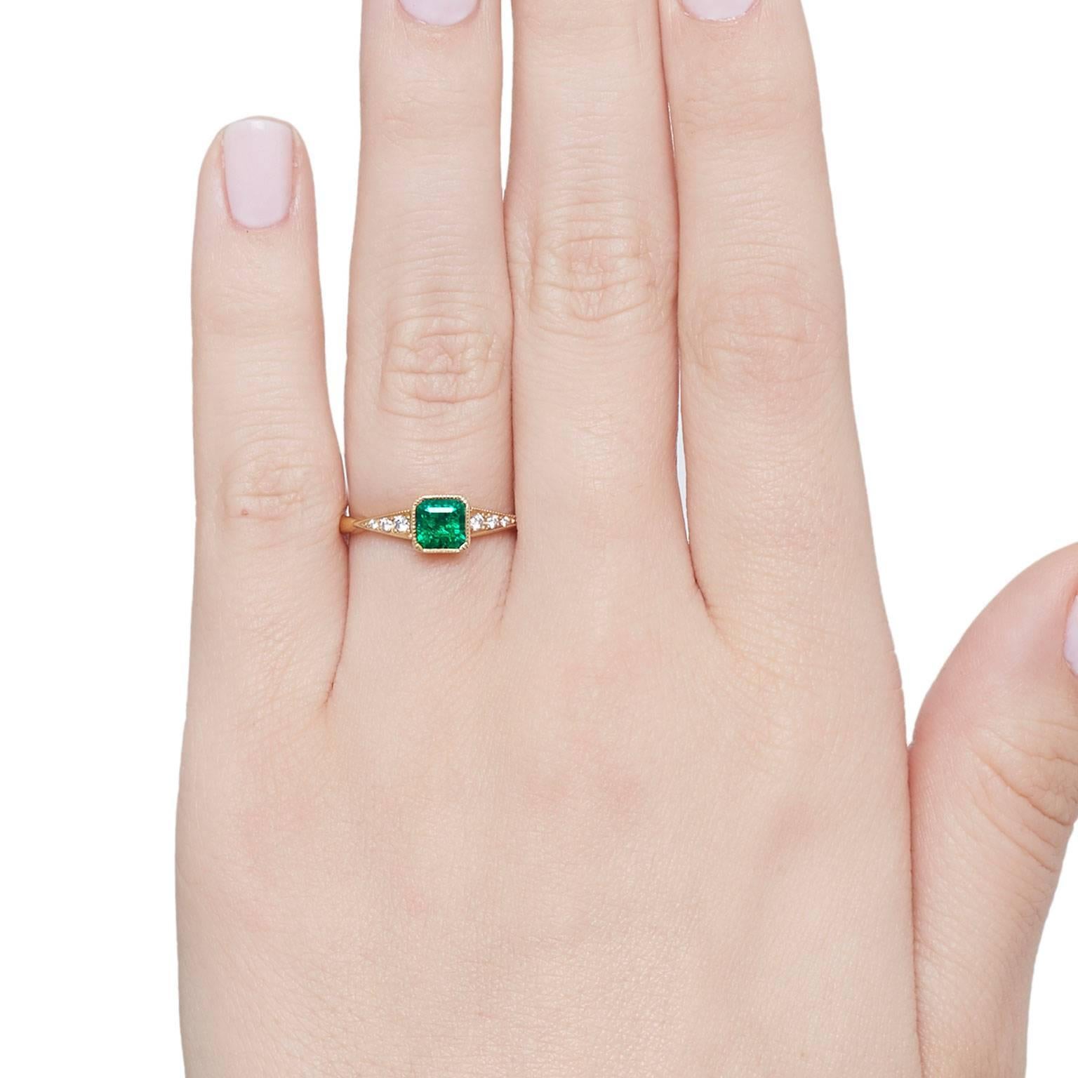 Modern Cushla Whiting Vivid 0.51 Carat Muzo Emerald, Diamond Engagement ring For Sale