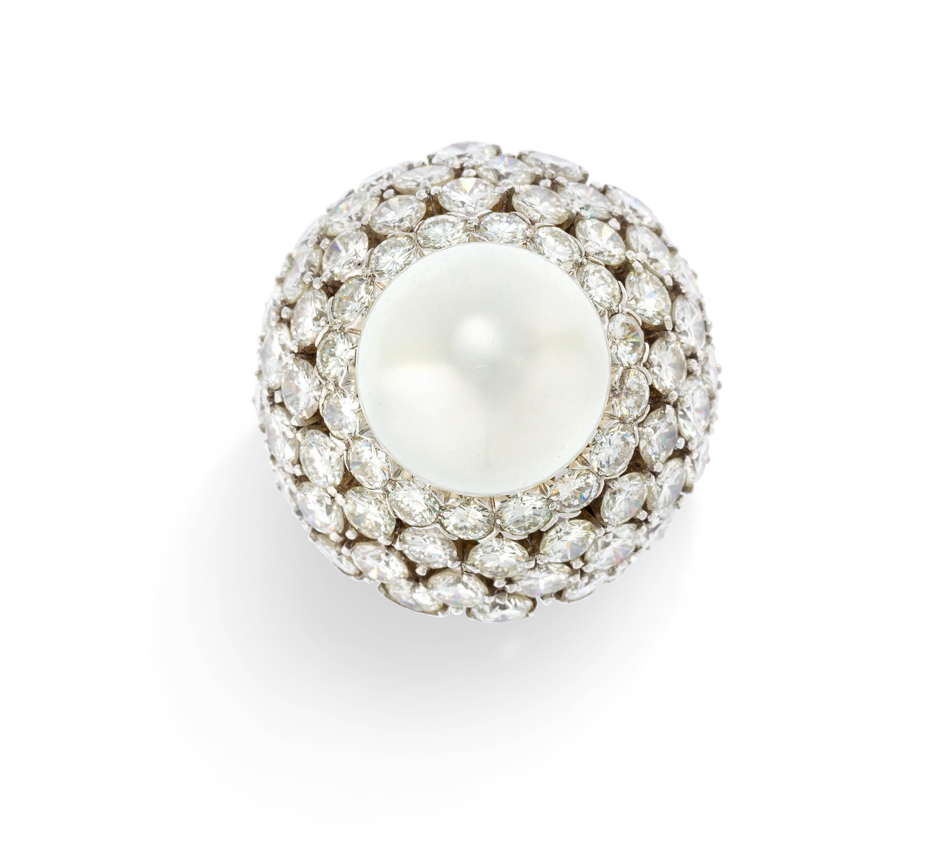 Vintage large David Webb pearl and diamond ring.
