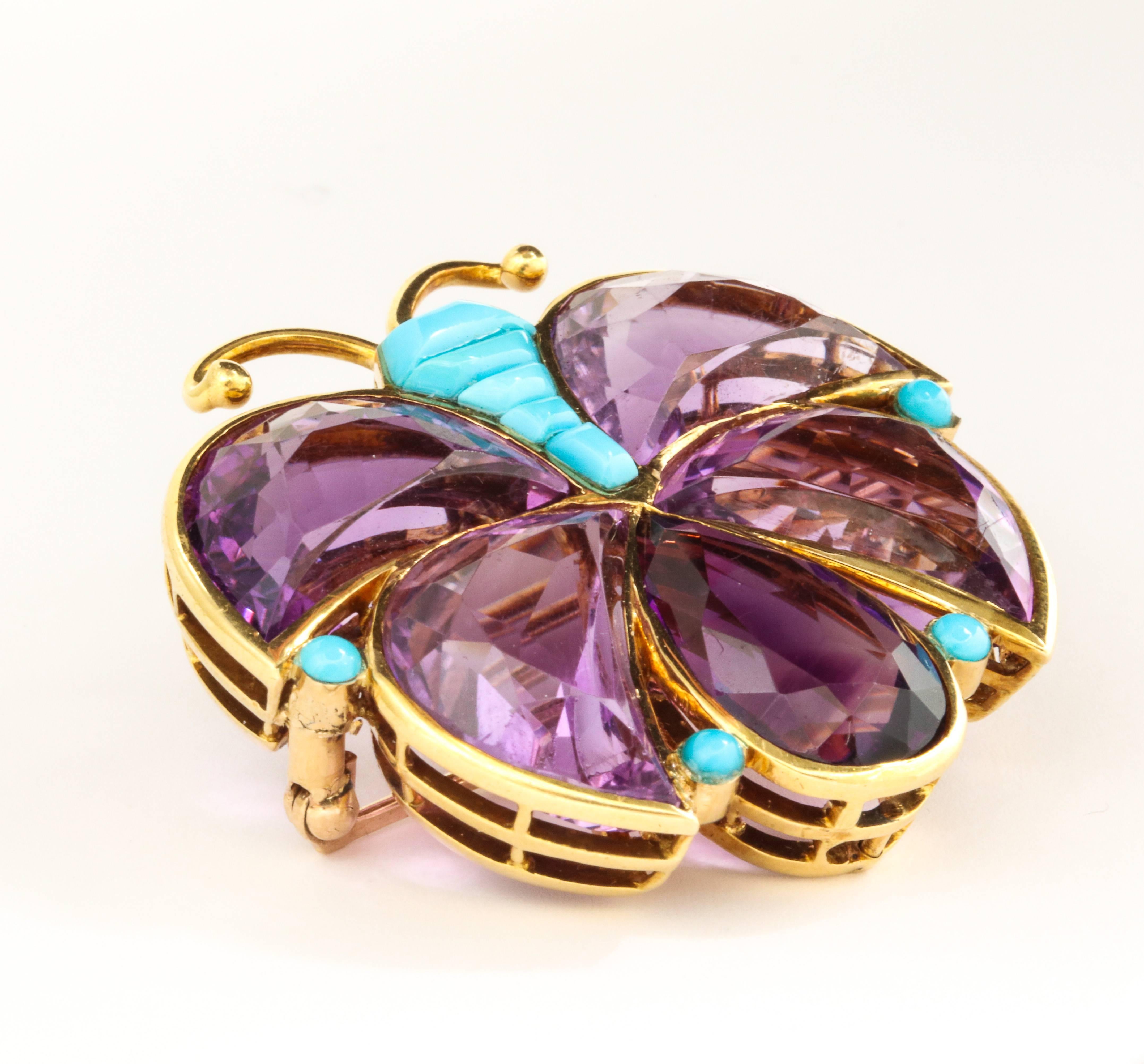 Van Cleef & Arpels Amethyst Turquoise Gold Butterfly Brooch In Good Condition In New York, NY