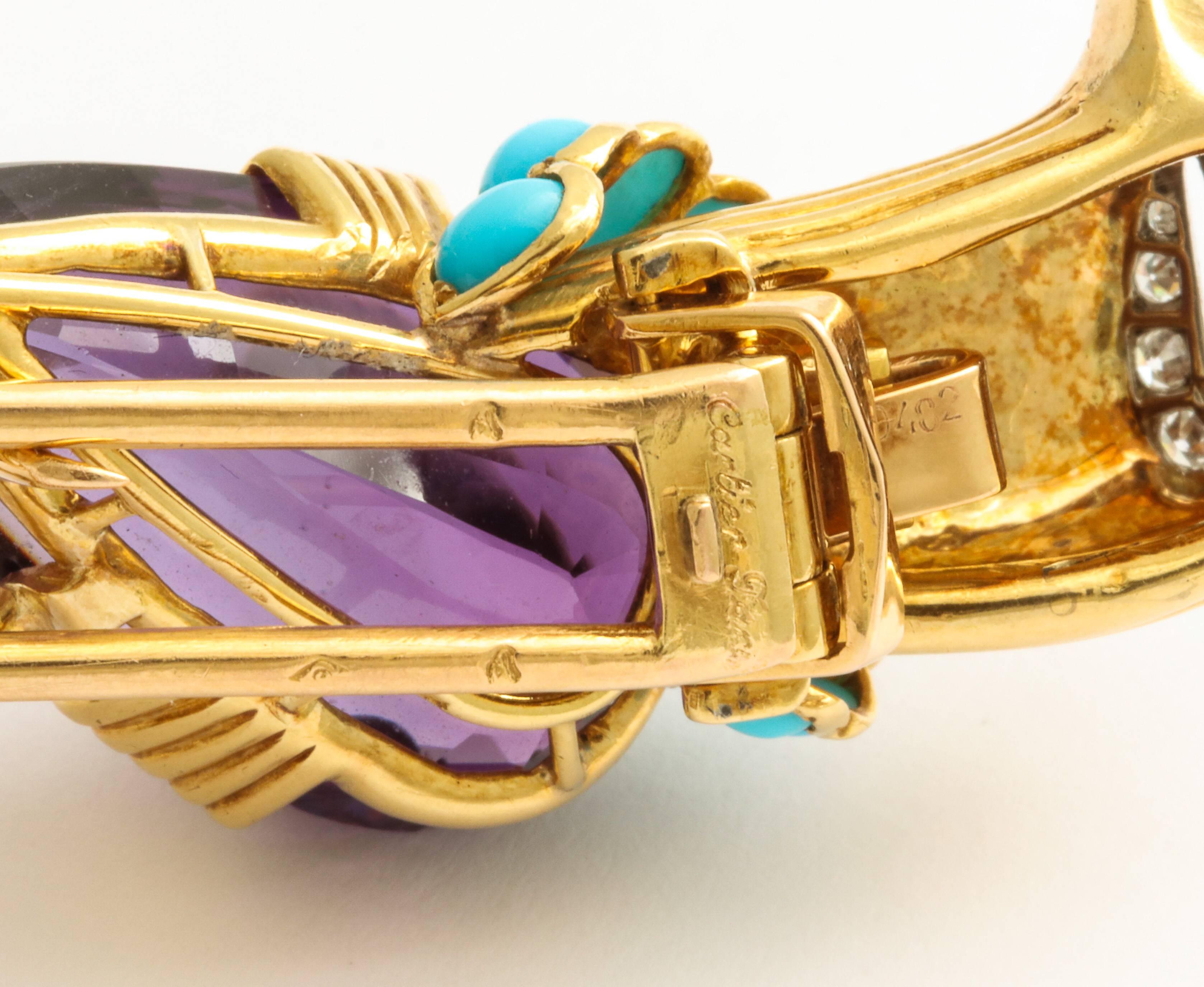 Bird of Paradise Brooch by Cartier Paris

Set with diamonds, turquoise, and amethyst

Signed, French Stamped and numbered

Depicted in full page spread in the 