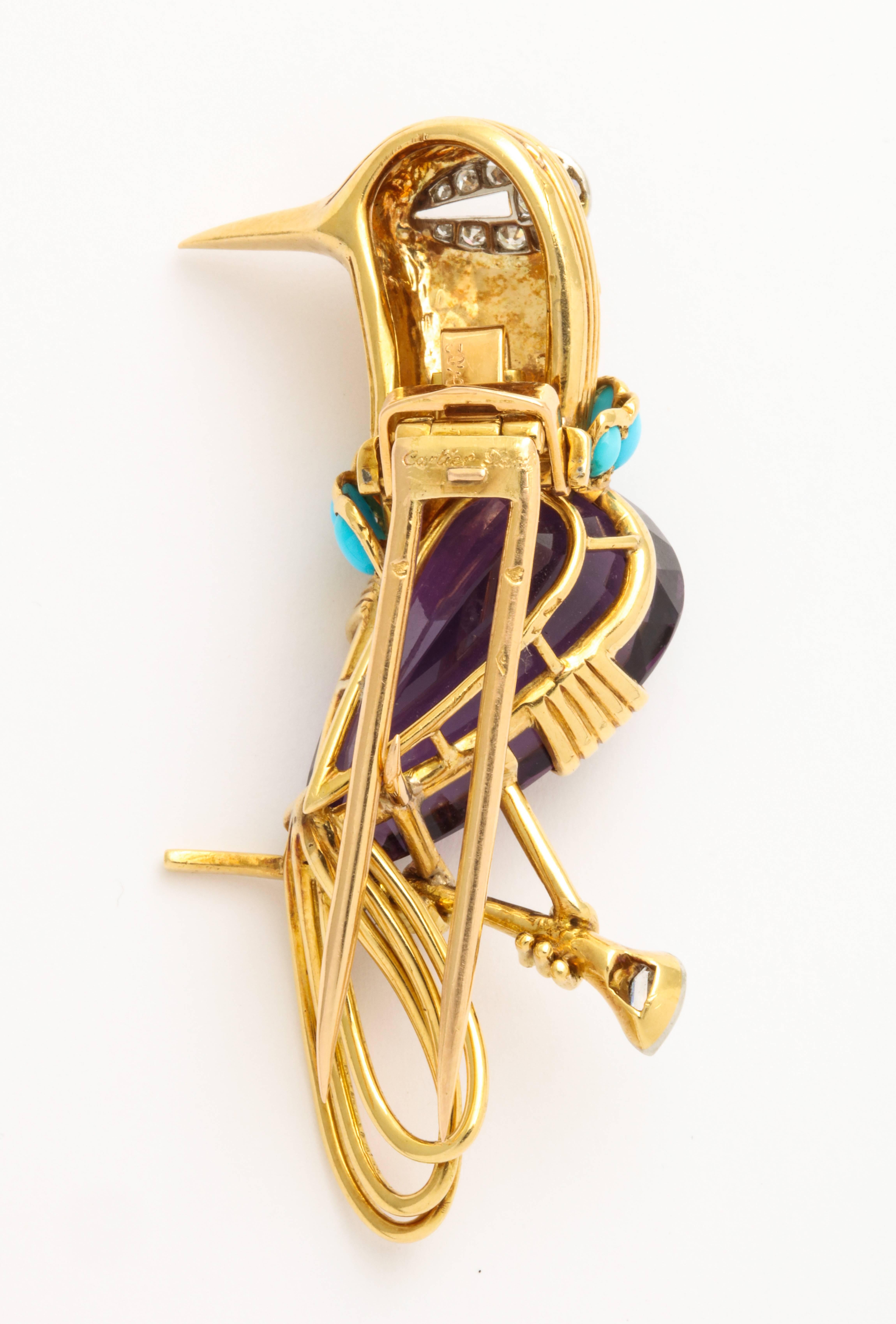 Cartier Paris Turquoise Amethyst Diamond Gold Bird Brooch In Good Condition In New York, NY
