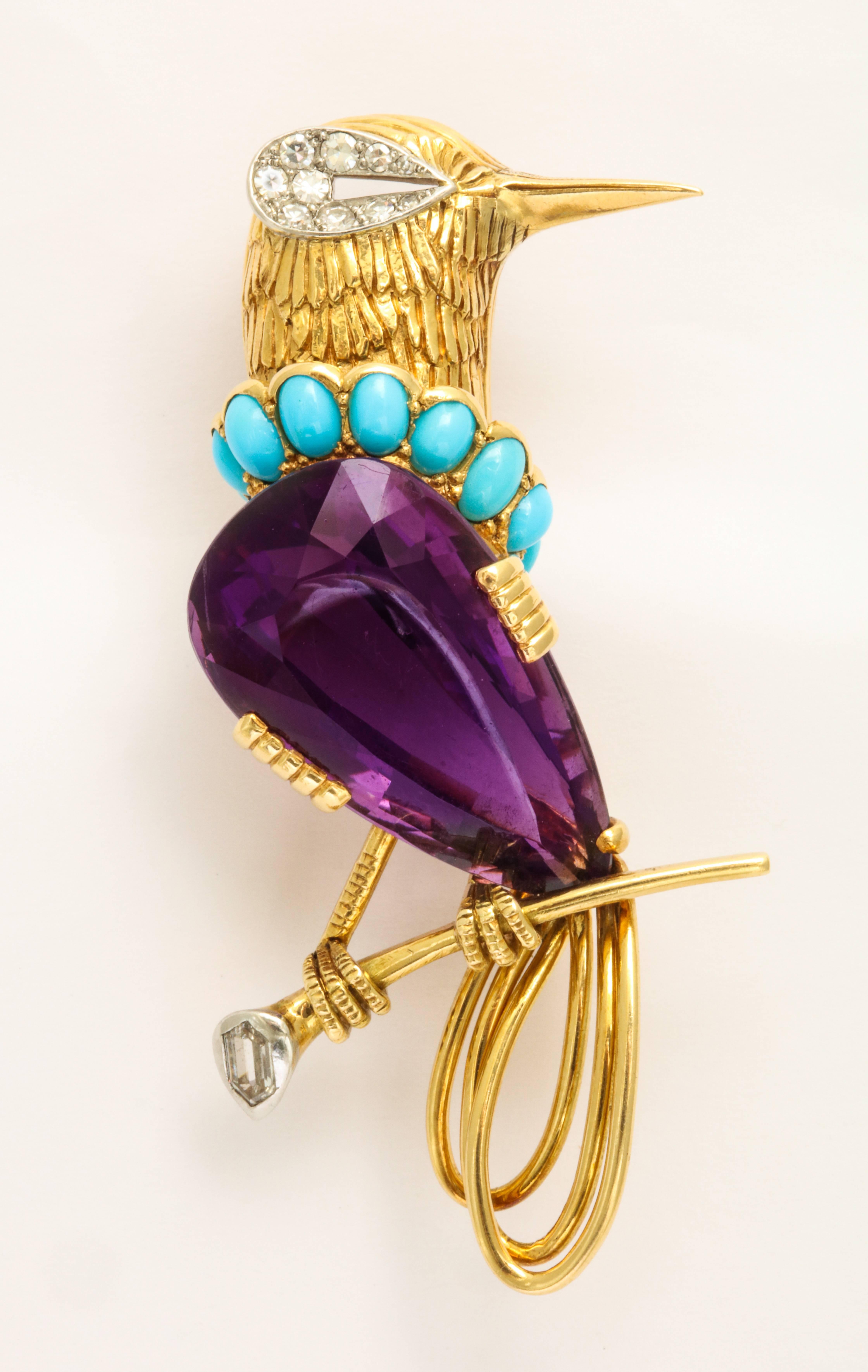 Women's or Men's Cartier Paris Turquoise Amethyst Diamond Gold Bird Brooch