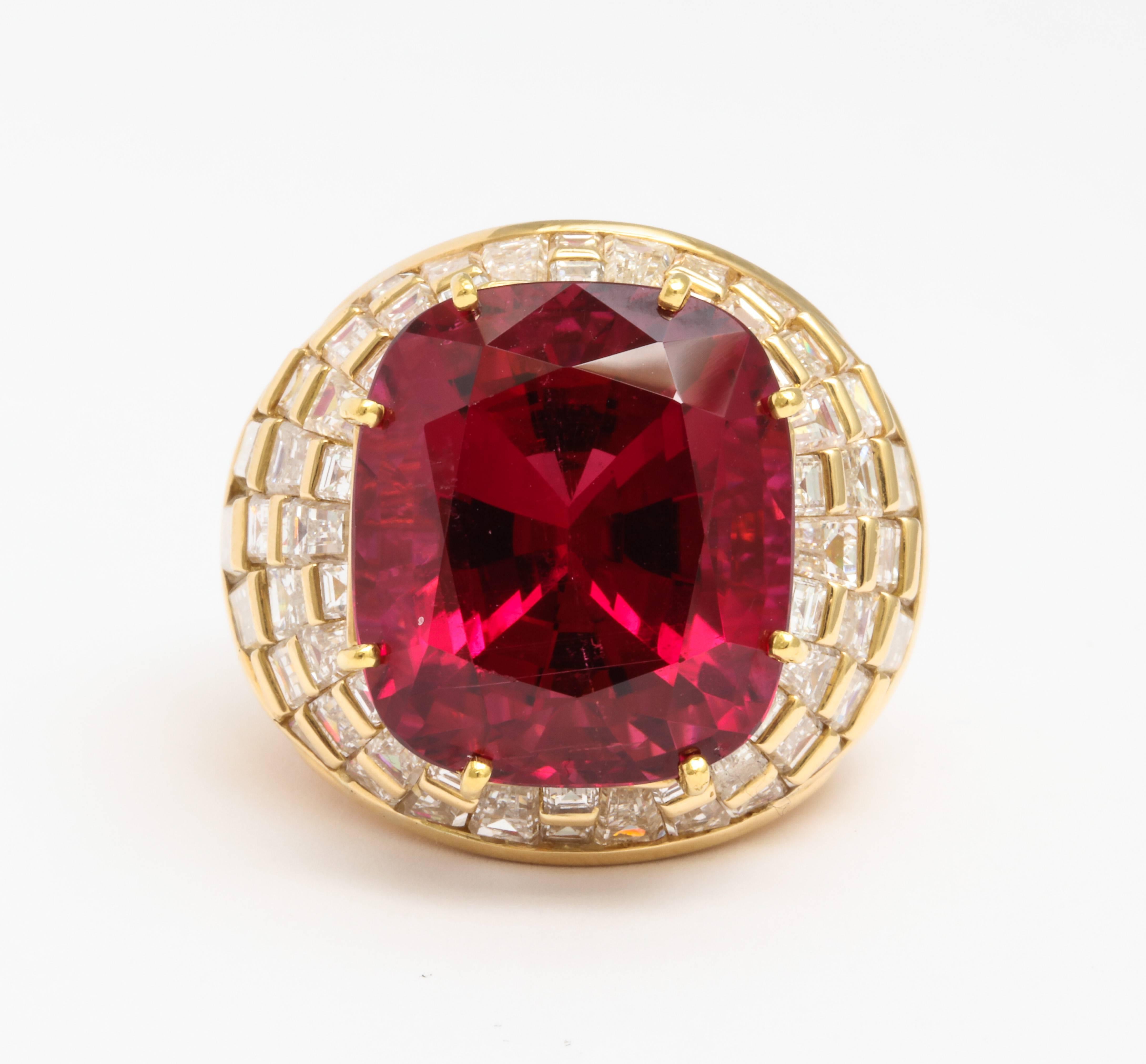 Superb Gem Rubellite Tourmaline and Diamond Ring by Oscar Heyman and Brothers

Perfect gem quality tourmaline weighin approx 28 carats

Oscar Heyman hallmarked and numbered 20896

Certificate of Authenticity available upon request