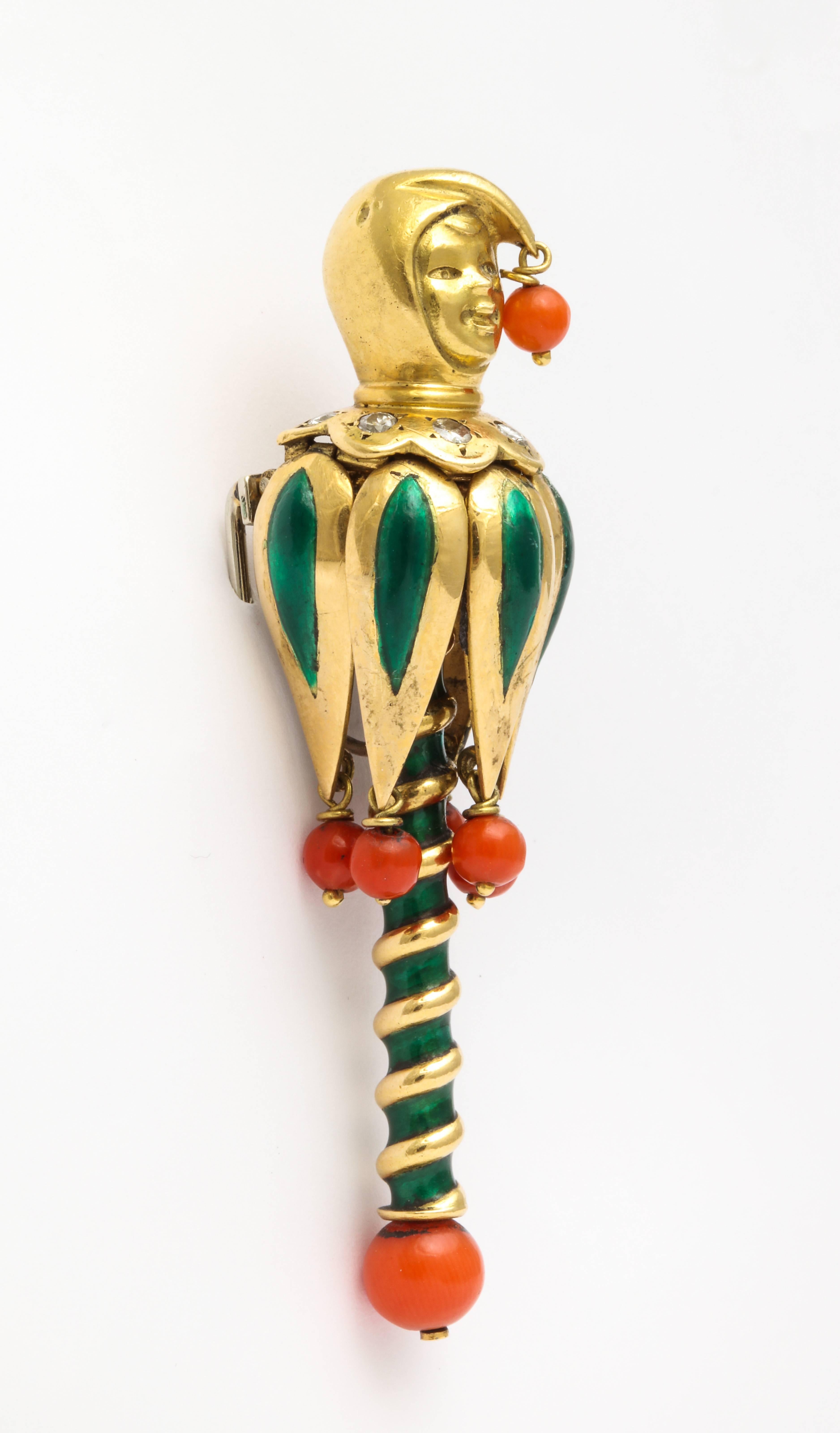 Whimsical Van Cleef and Arpels Clown Brooch

Set with green enamel, coral beads, and diamonds

Identical brooch formerly in collection of Duchess of Windsor

Signed, numbered and stamped

Provenance;

Depicted in full page spread in the 