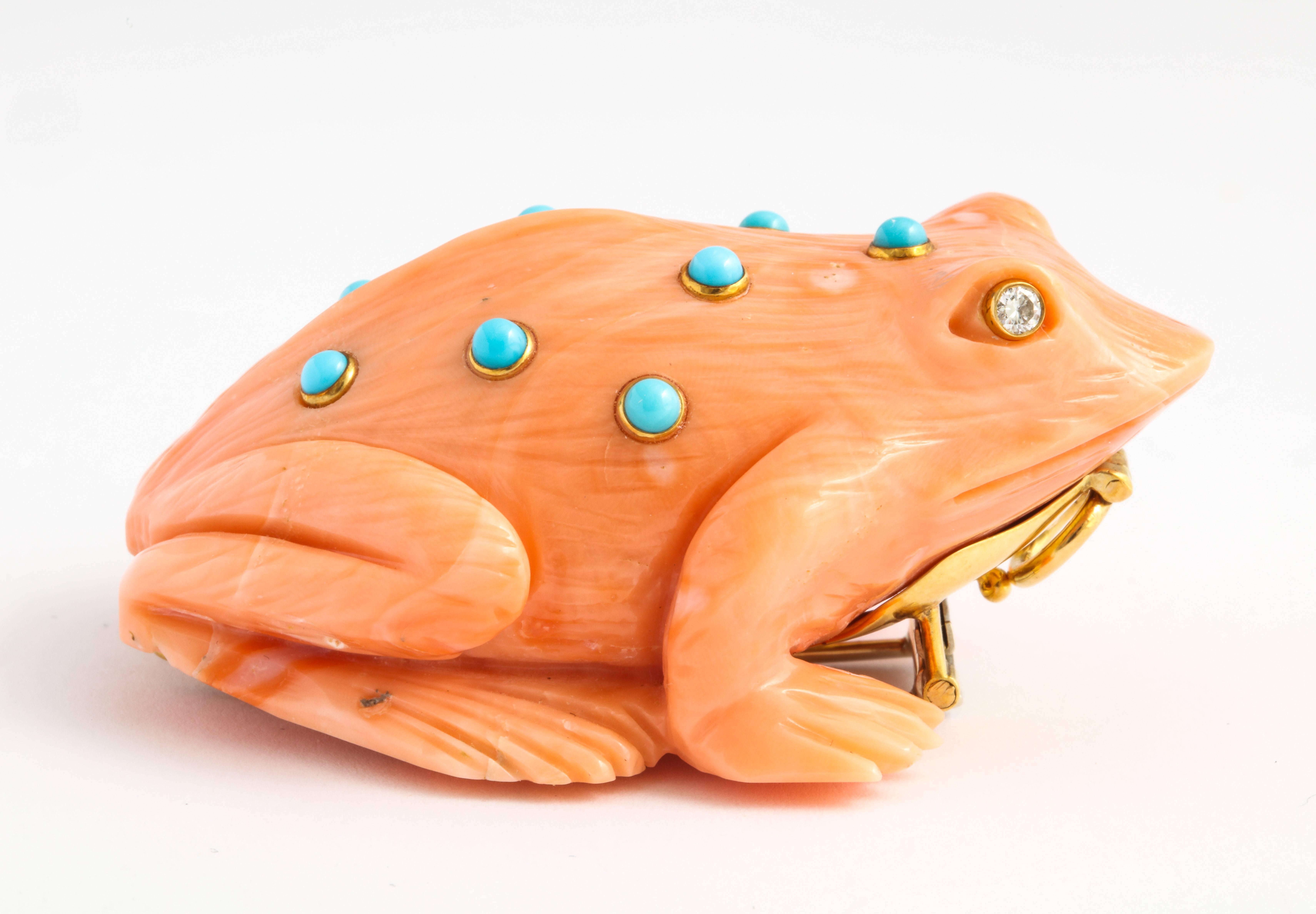 David Webb Carved Coral Frog Brooch 3