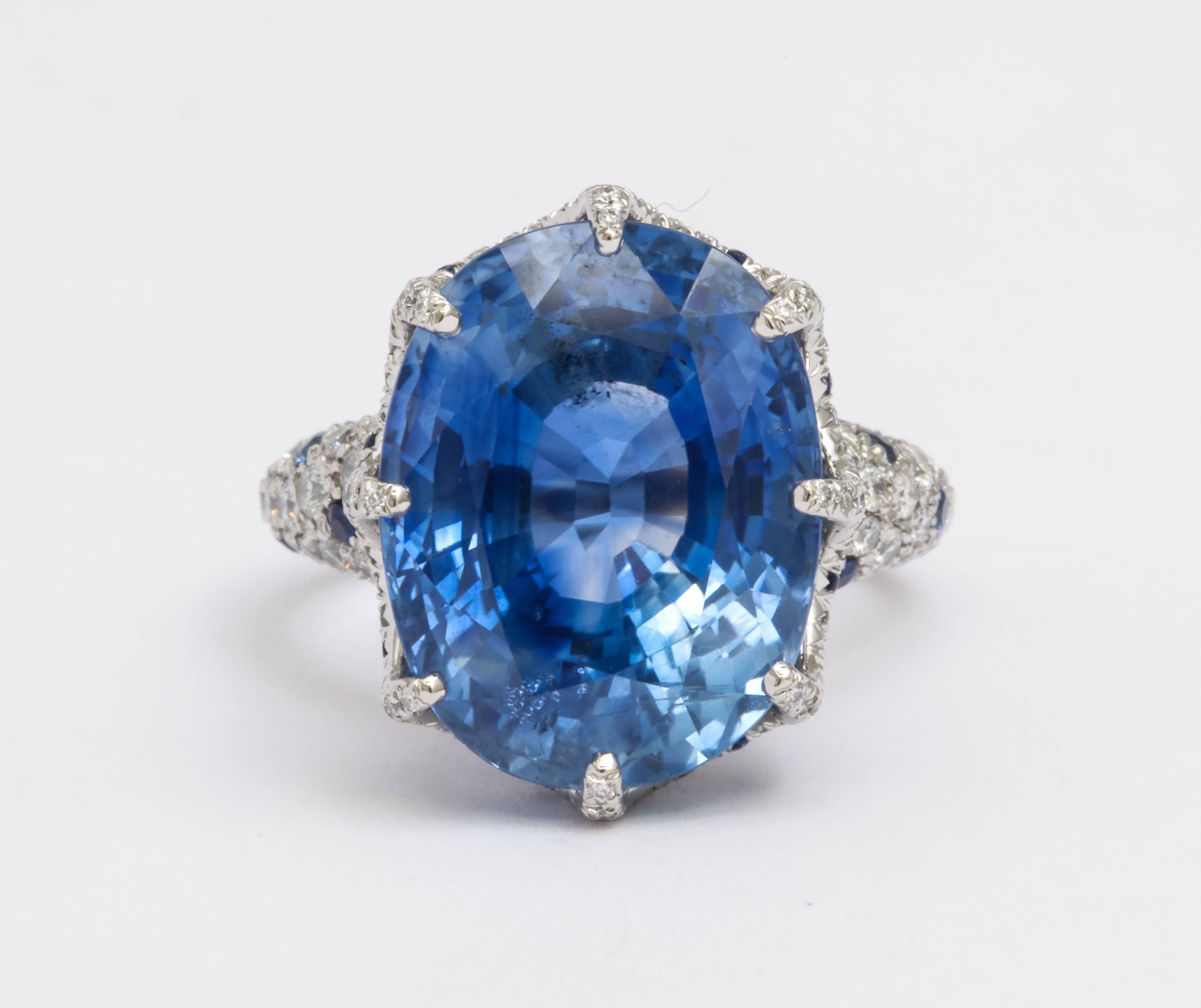 Very Fine Sapphire Diamond Ring

Very fine gem quality sapphire weighs 16 carats

Mounted in a very intricate and well made hand made sapphire and pave diamond cage setting

With AGL certificate stating the sapphire origin is Ceylon