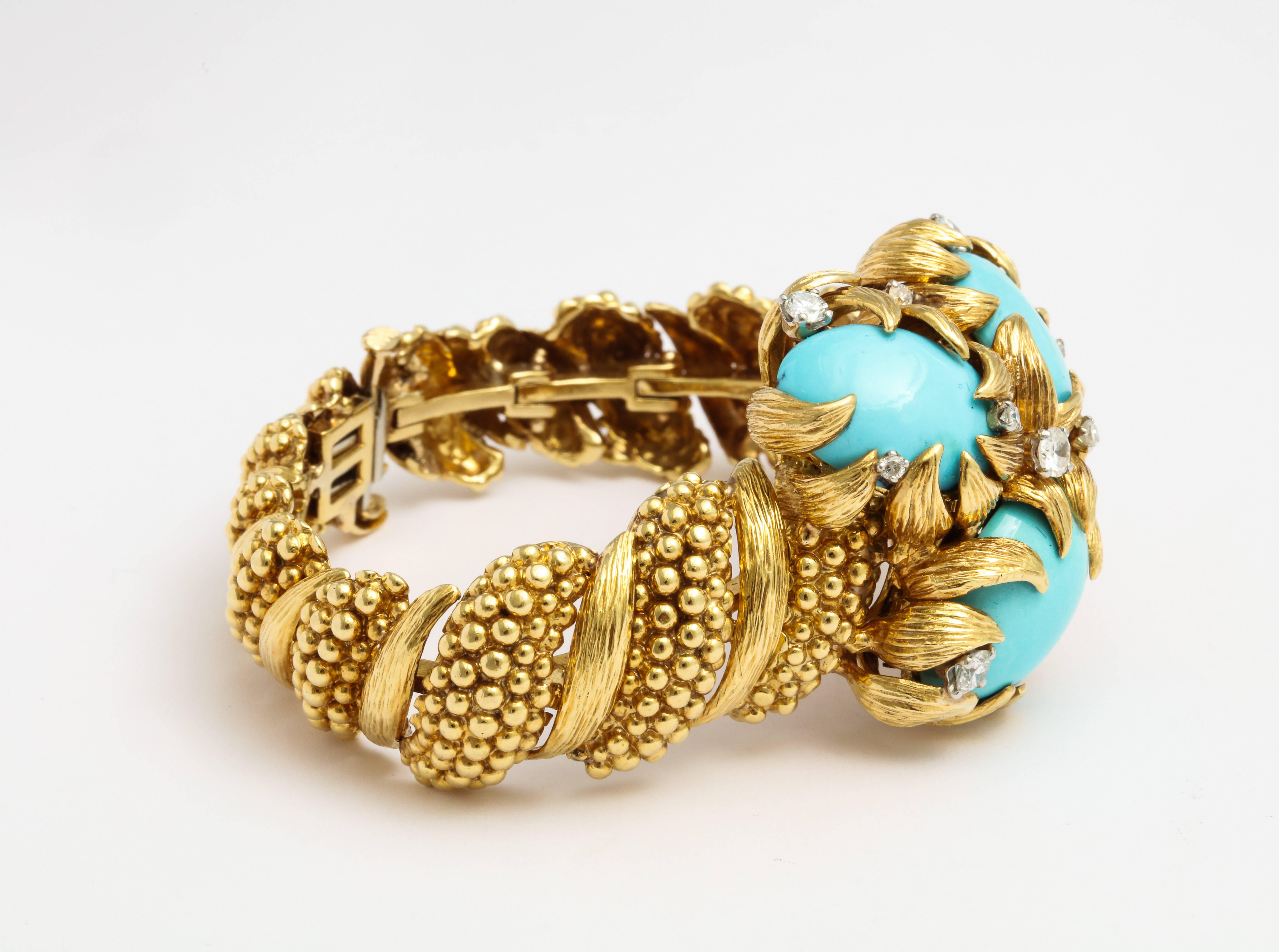 Women's David Webb Turquoise Diamond Gold Blossom Bracelet