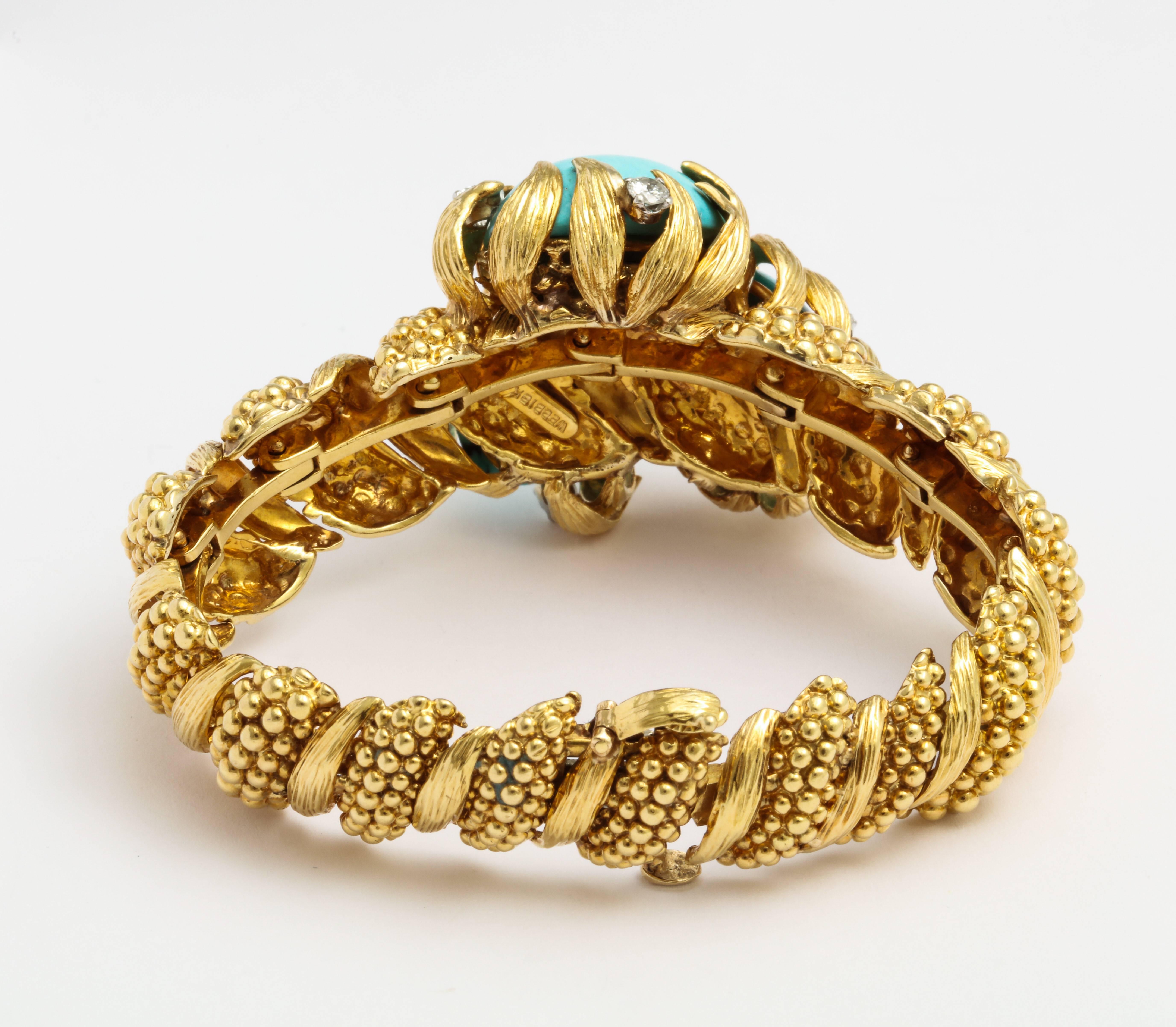 David Webb Turquoise Diamond Gold Blossom Bracelet 1