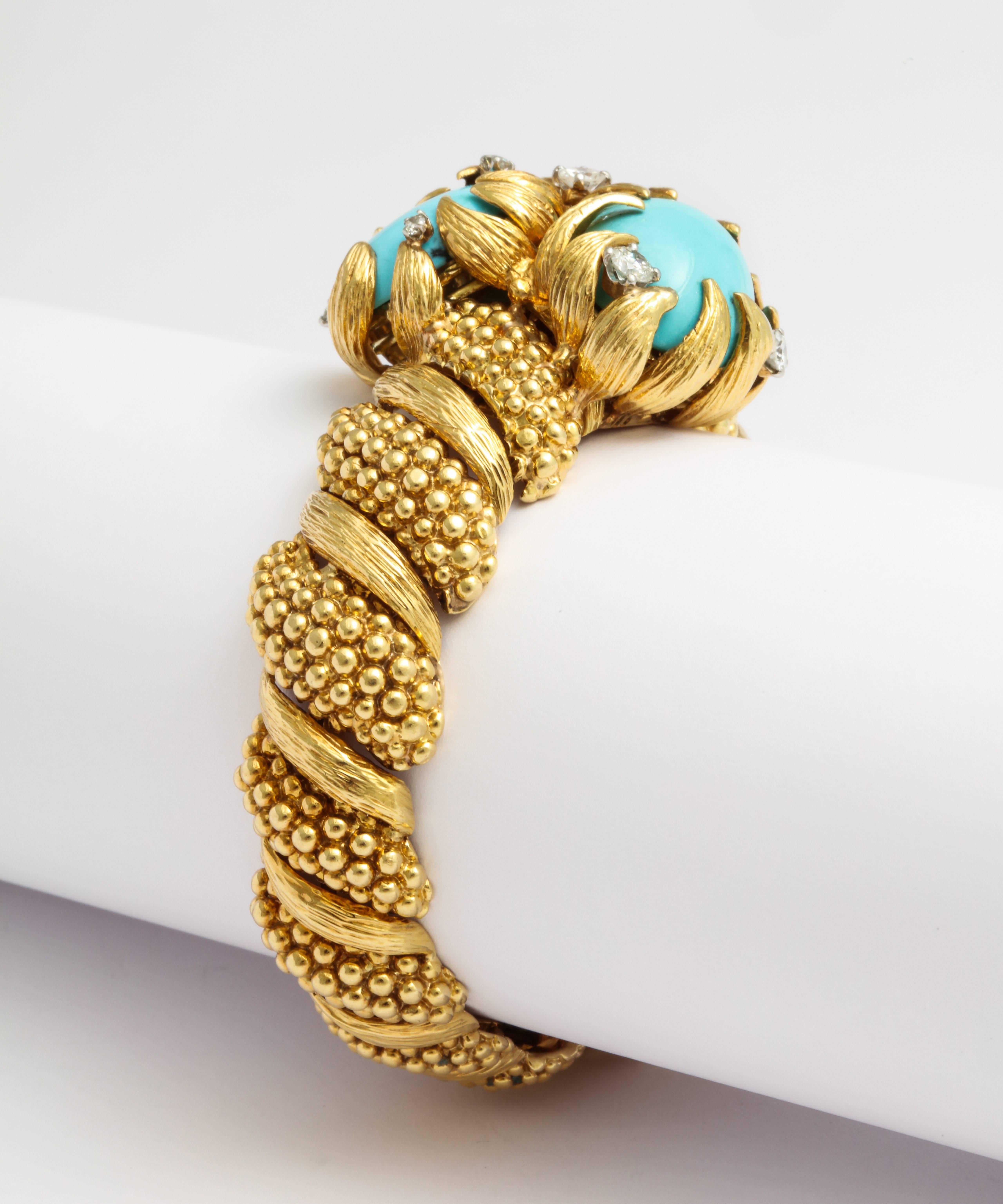 David Webb Turquoise Diamond Gold Blossom Bracelet 2