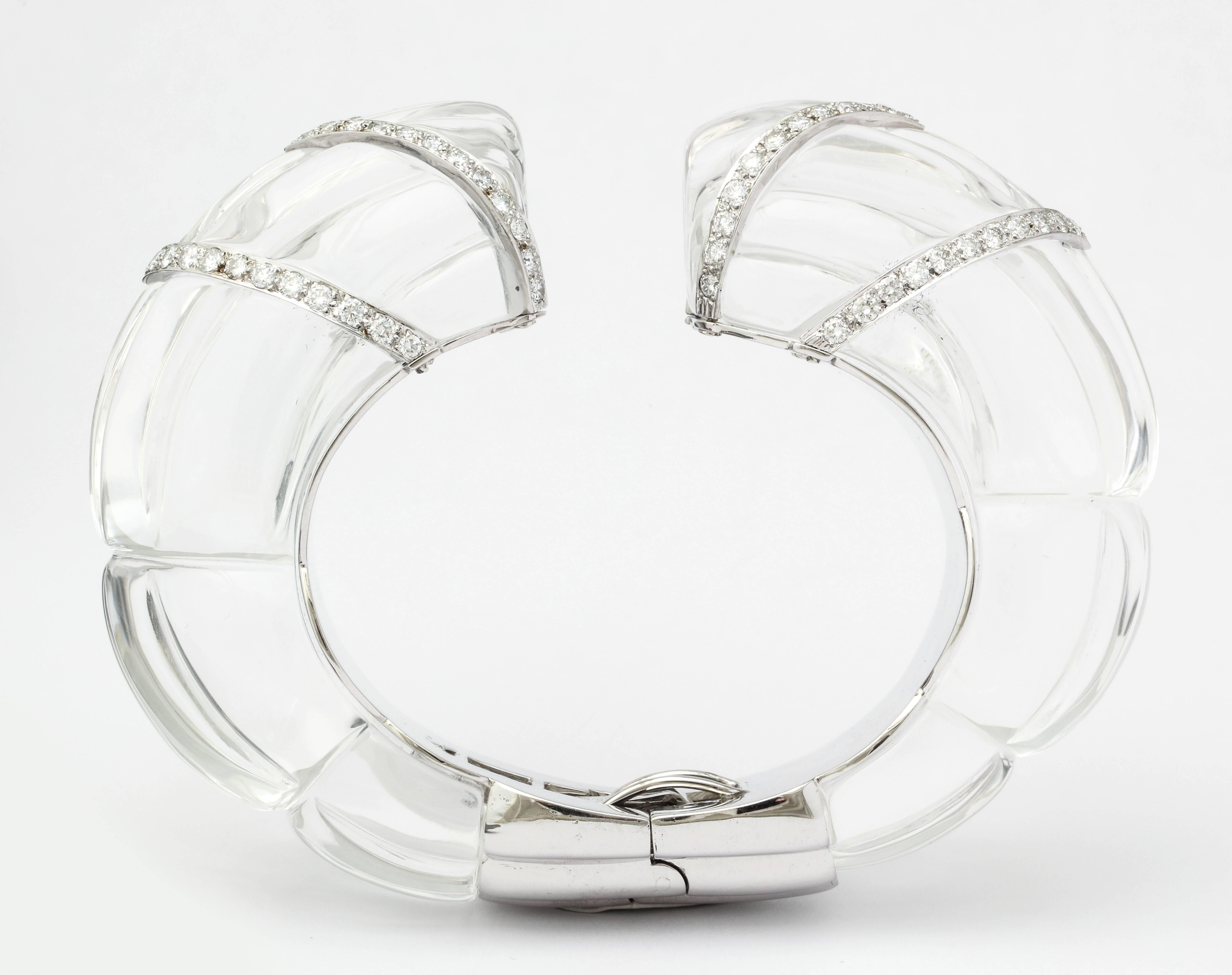 David Webb Rock Crystal Diamond Bangle Bracelet In Good Condition For Sale In New York, NY