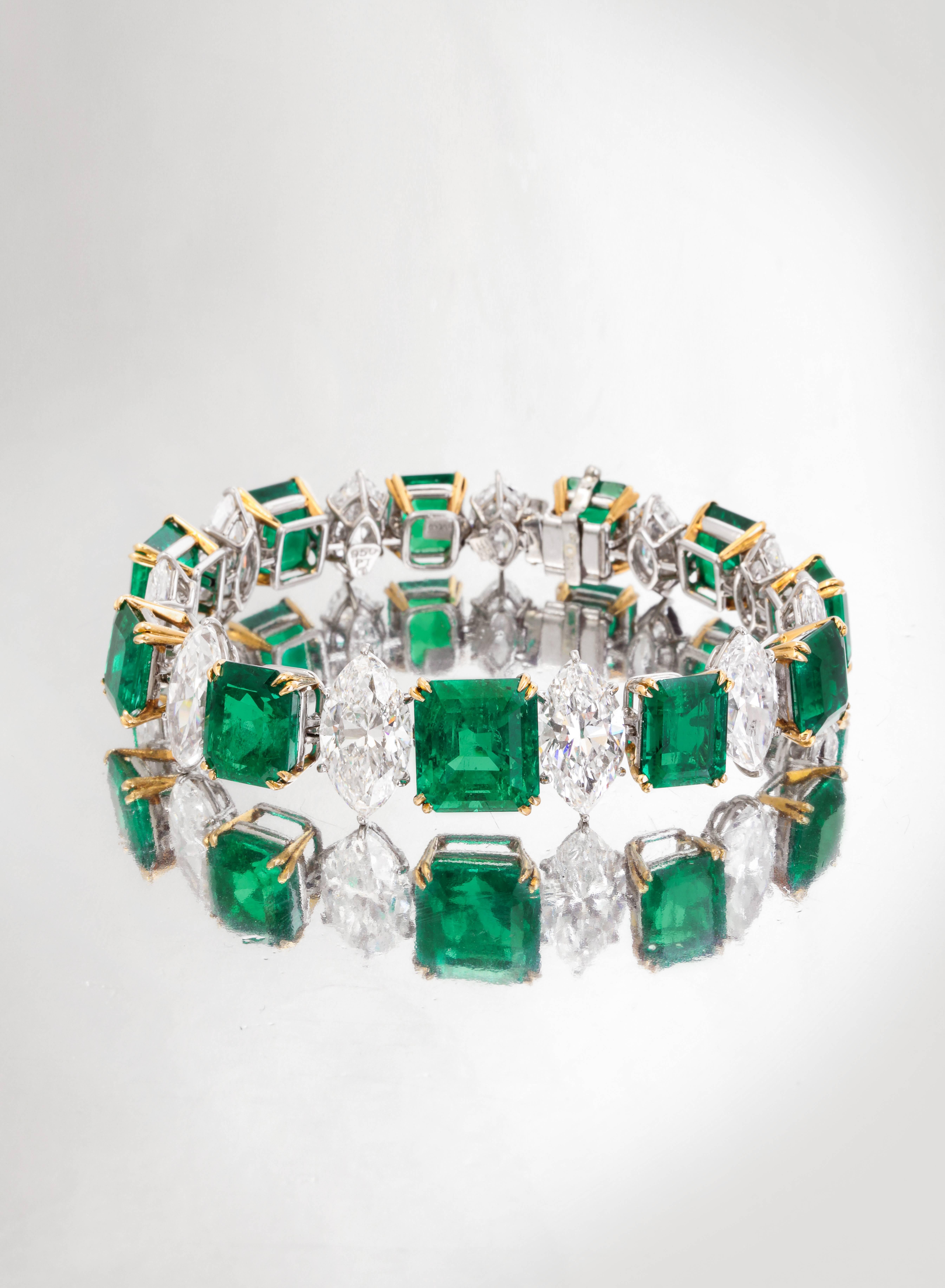 Important Harry Winston Diamond and Emerald Bracelet

Total Emerald weight: 41.11 ct
Total Diamond Weight: 30.73 ct 

Center Three Diamonds have GIA Certification:
5.09 ct, F color, VVS2 clarity
3.73 ct, E Color, VVS2 clarity
3.49 ct, D color, VS1