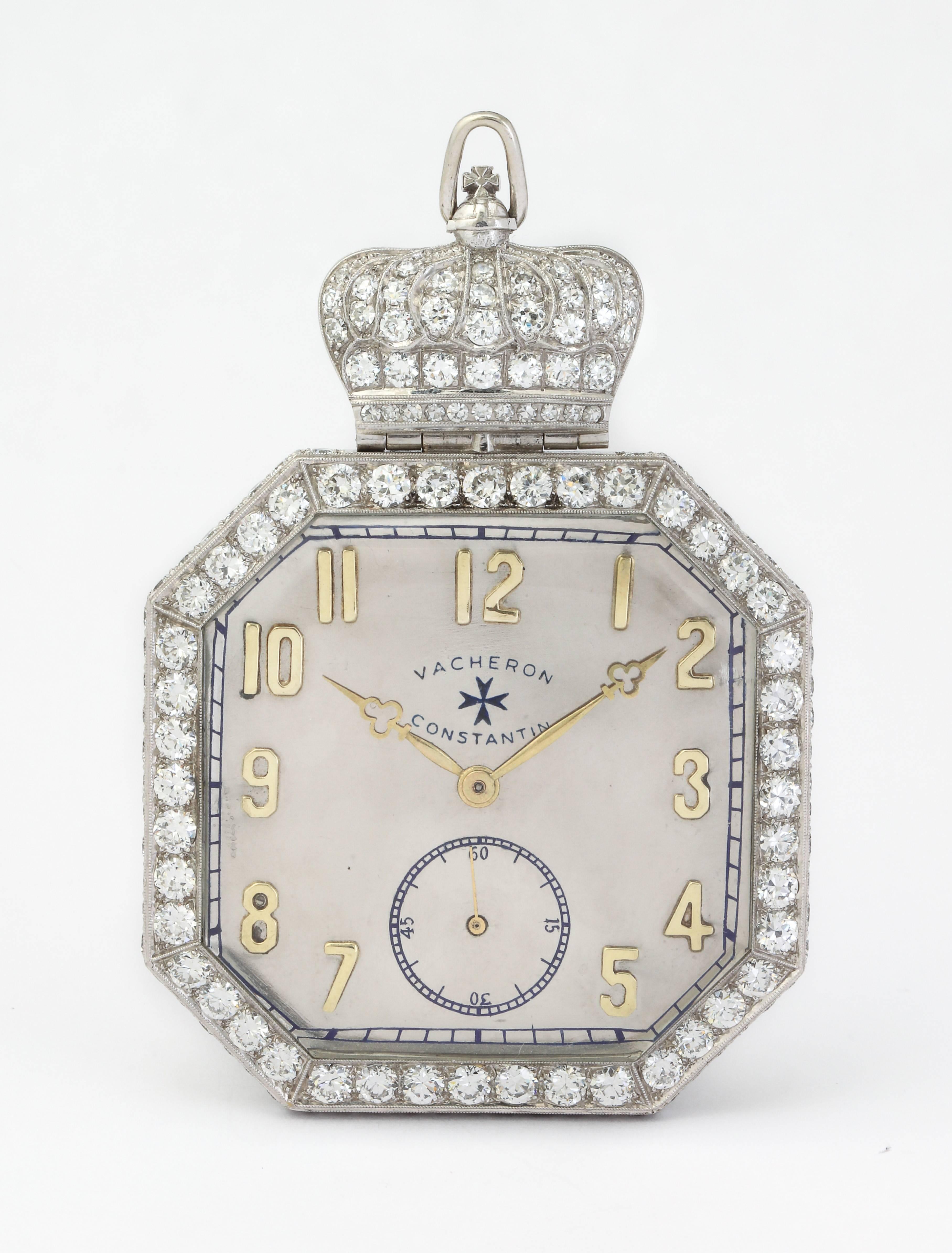 Vacheron Constantin Diamond Pocket Watch

A superbly made and very rare pocket watch with a diamond encrusted crown

Can be worn as a pendant

Made circa 1920