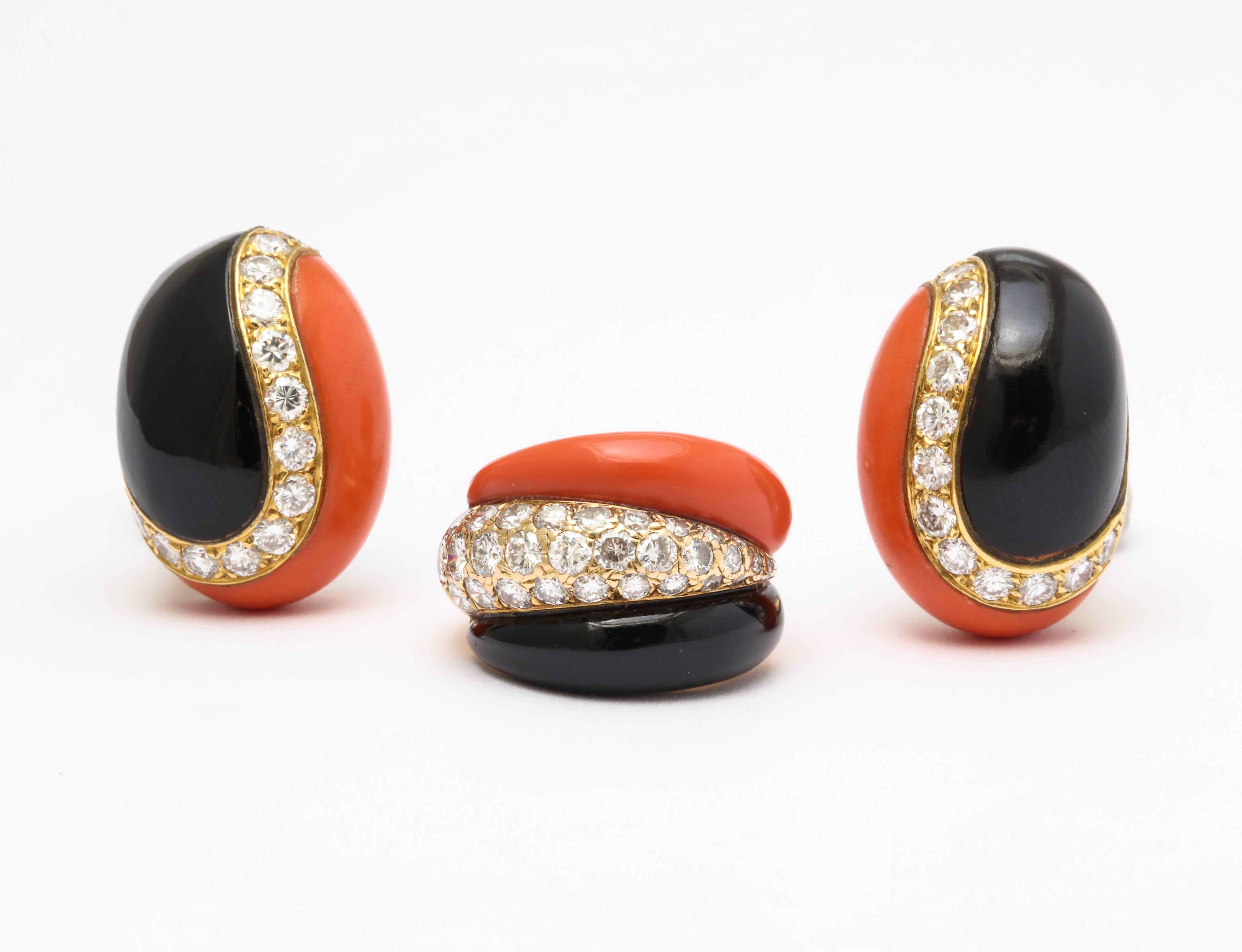 Coral Onyx and Diamond Earrings and Ring by Van Cleef and Arpels
Signed, serial numbered and French Marked
Made in France circa 1970