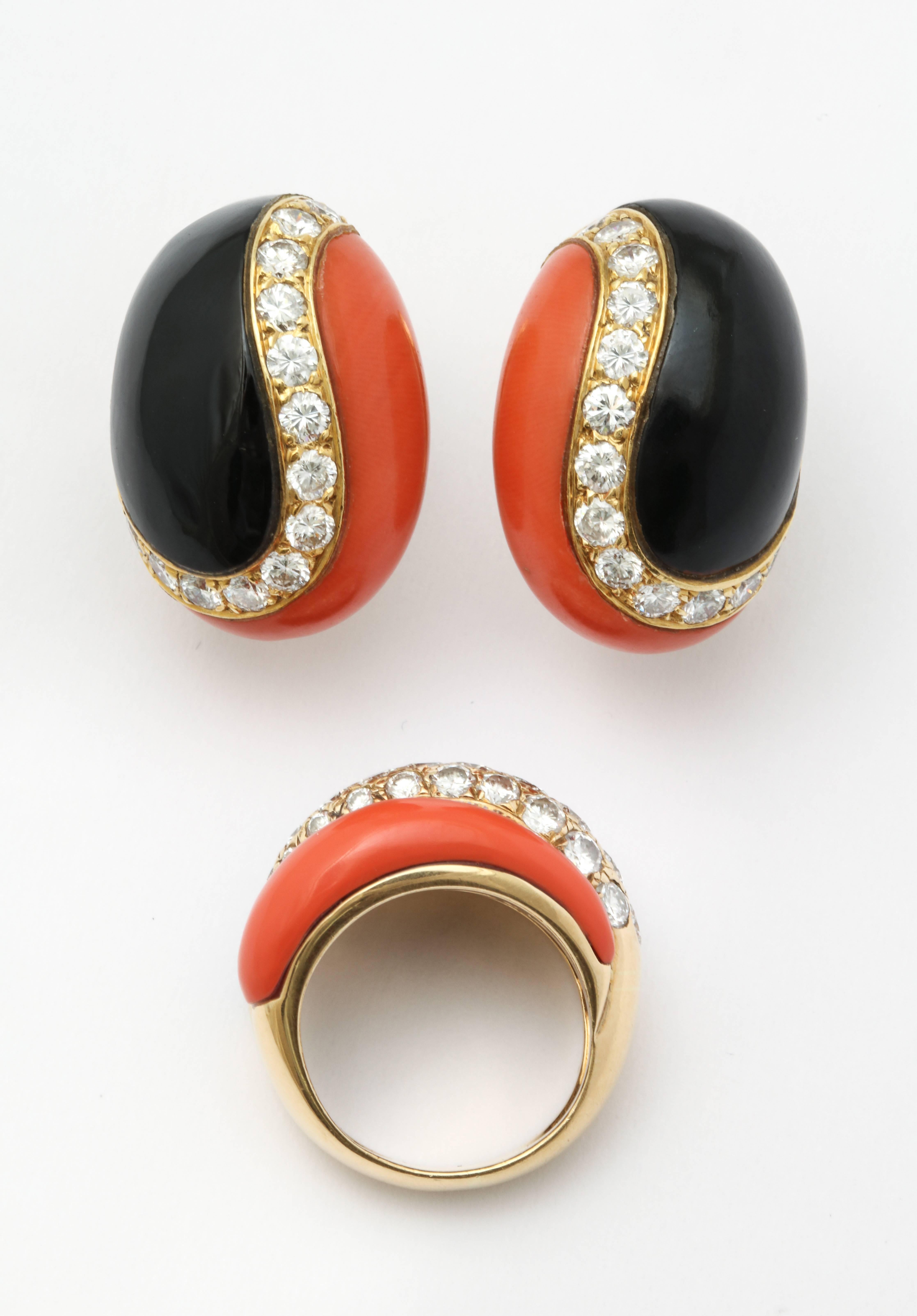 Women's Vintage Van Cleef & Arpels Paris Coral Onyx Diamond Earrings and Ring