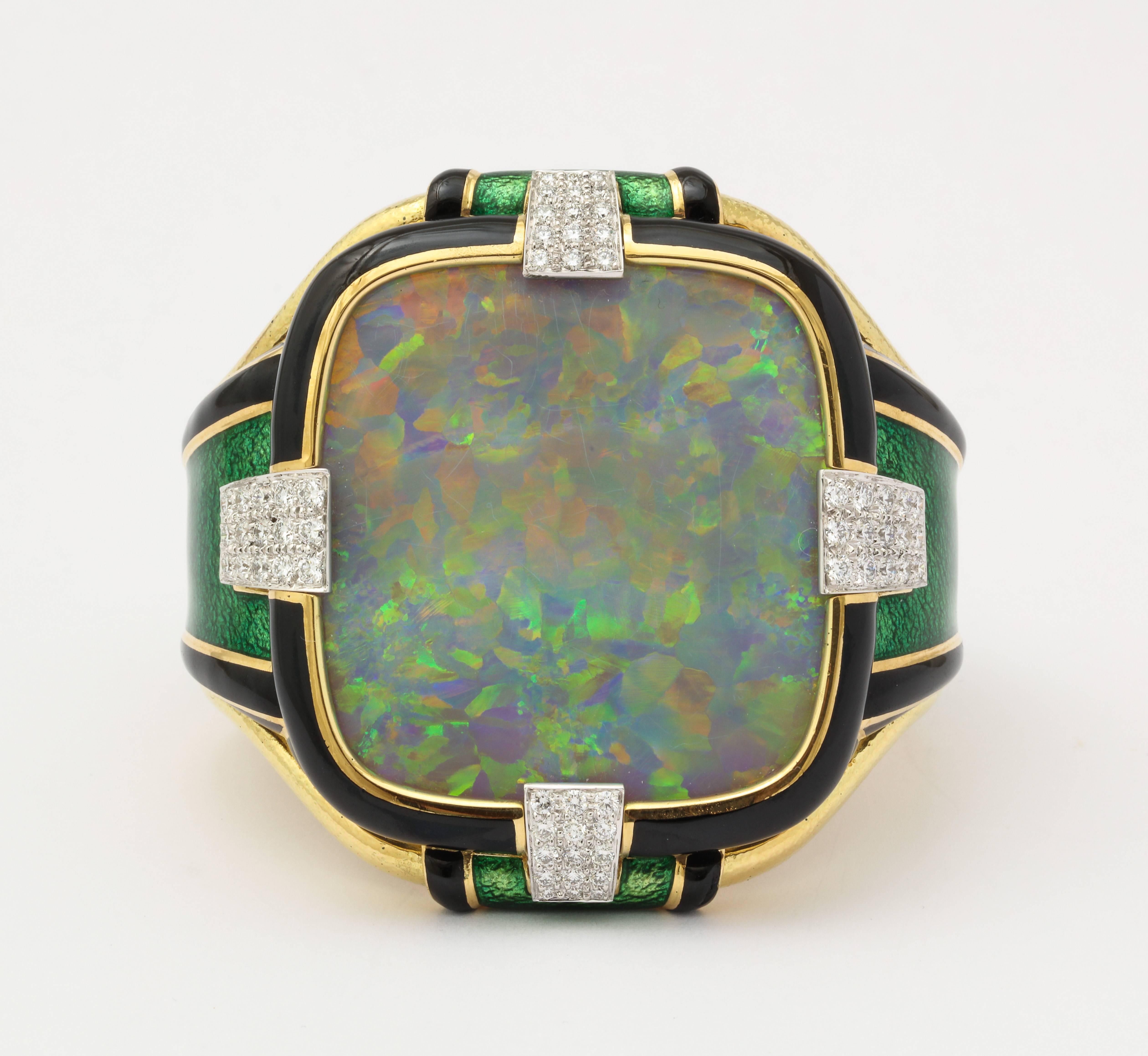 David Webb 120 Carat Opal Black And Green Enamel Diamond Gold Cuff Bracelet In Excellent Condition In New York, NY