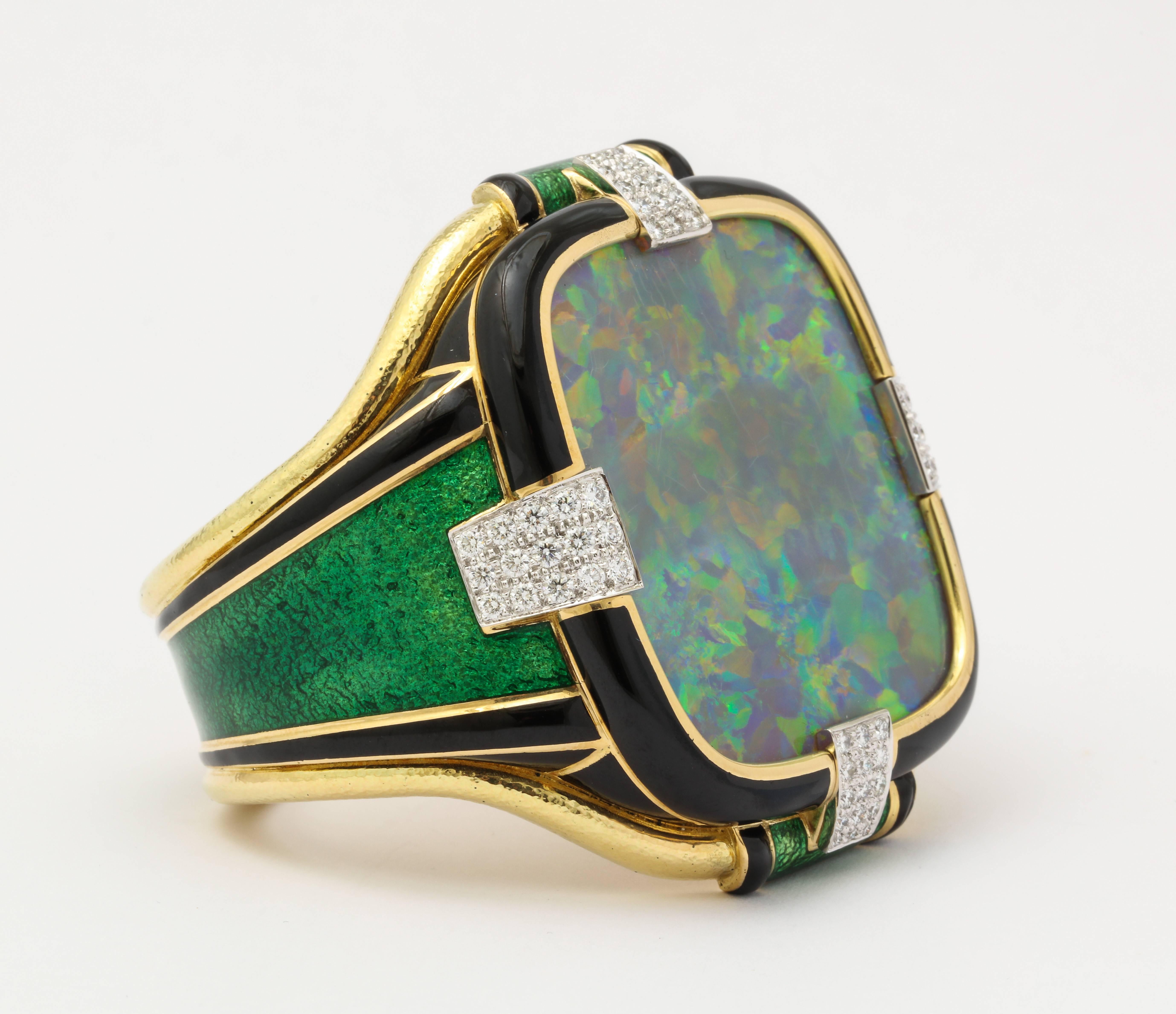 David Webb 120 Carat Opal Black And Green Enamel Diamond Gold Cuff Bracelet 3