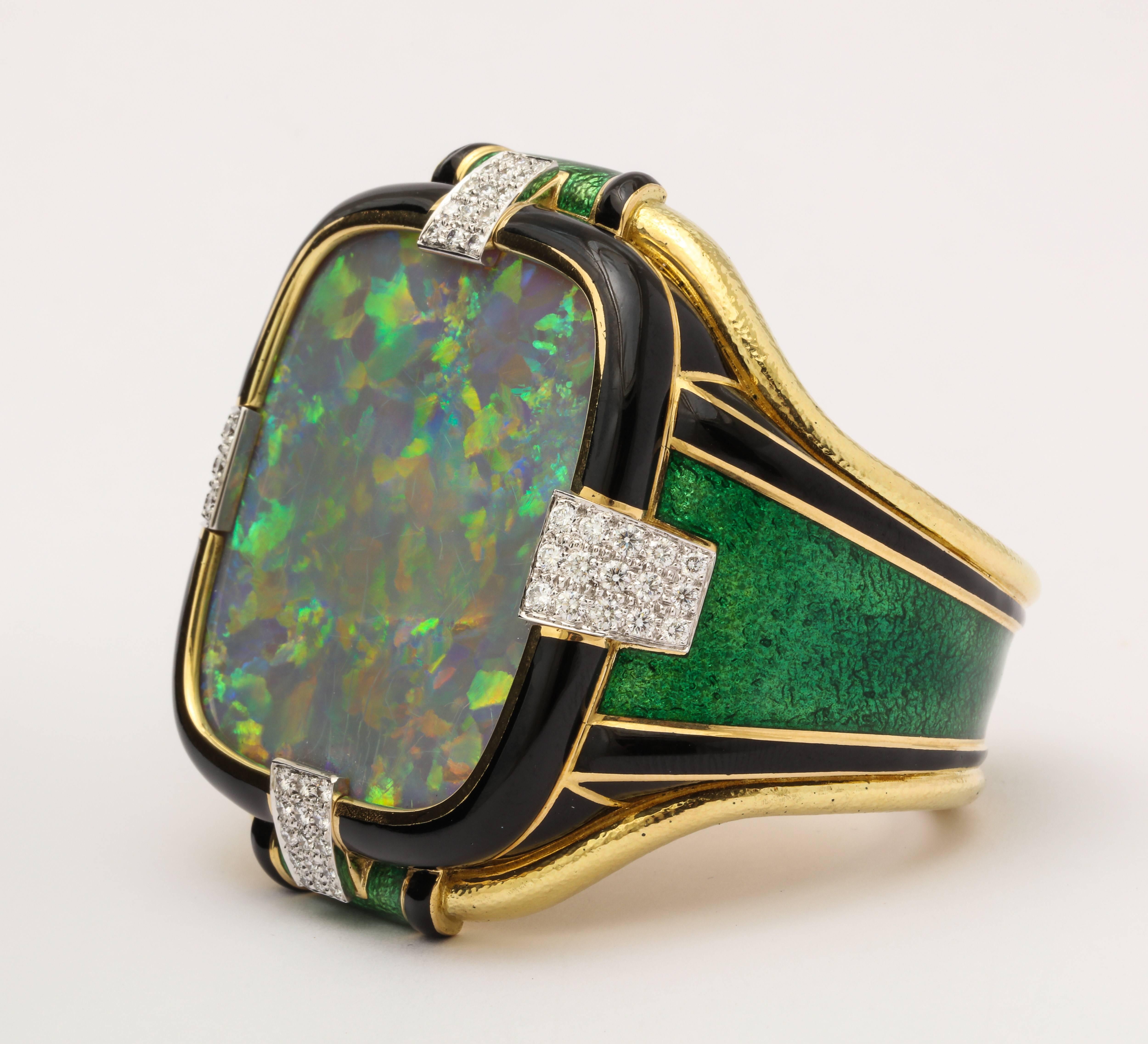 David Webb 120 Carat Opal Black And Green Enamel Diamond Gold Cuff Bracelet 2