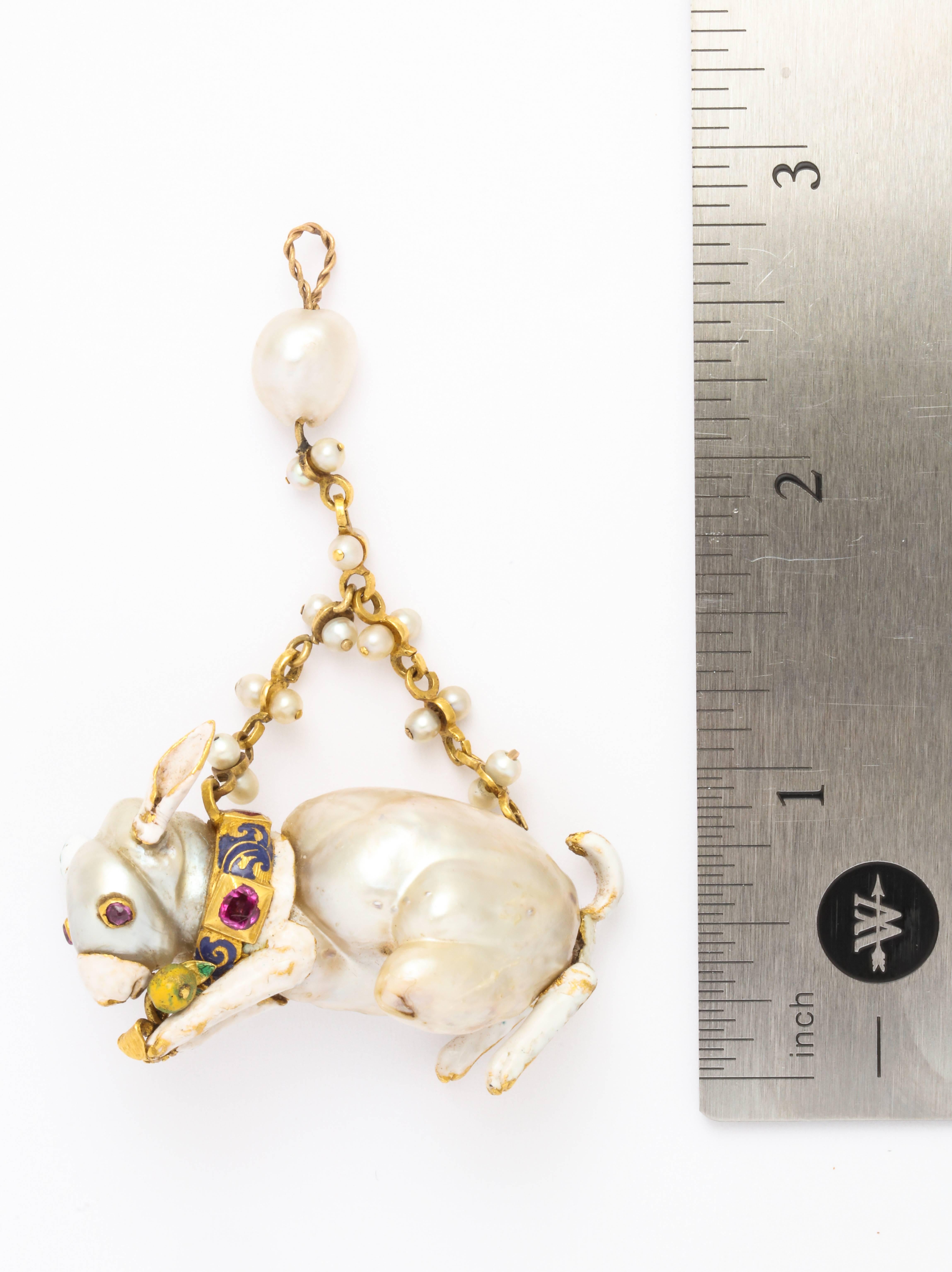 Uncut 19th Century Renaissance Revival Natural Pearl Gold Rabbit Pendant For Sale