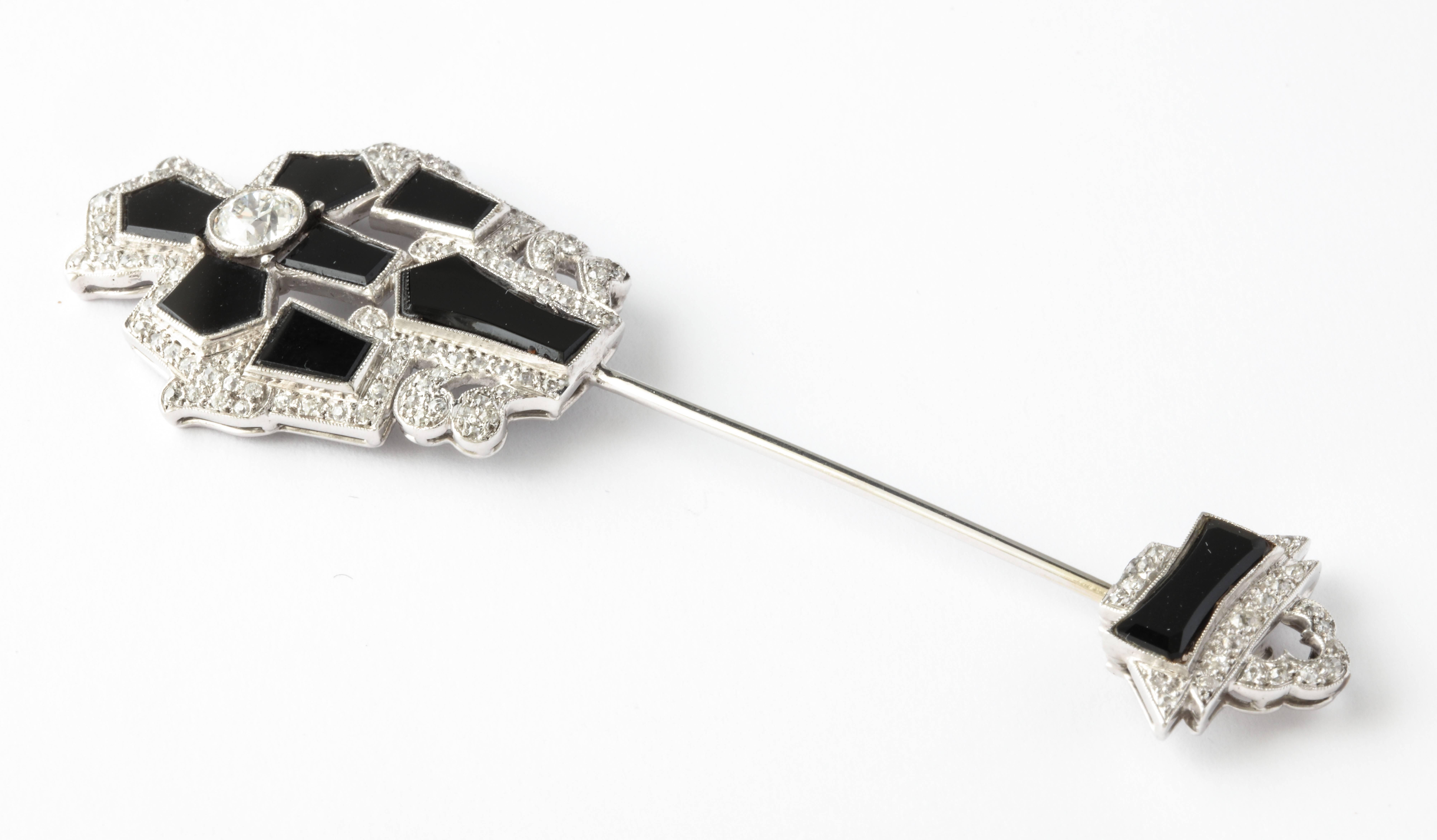 Art Deco Mine Cut Diamond and Onyx Jabot Brooch In Good Condition In New York, NY