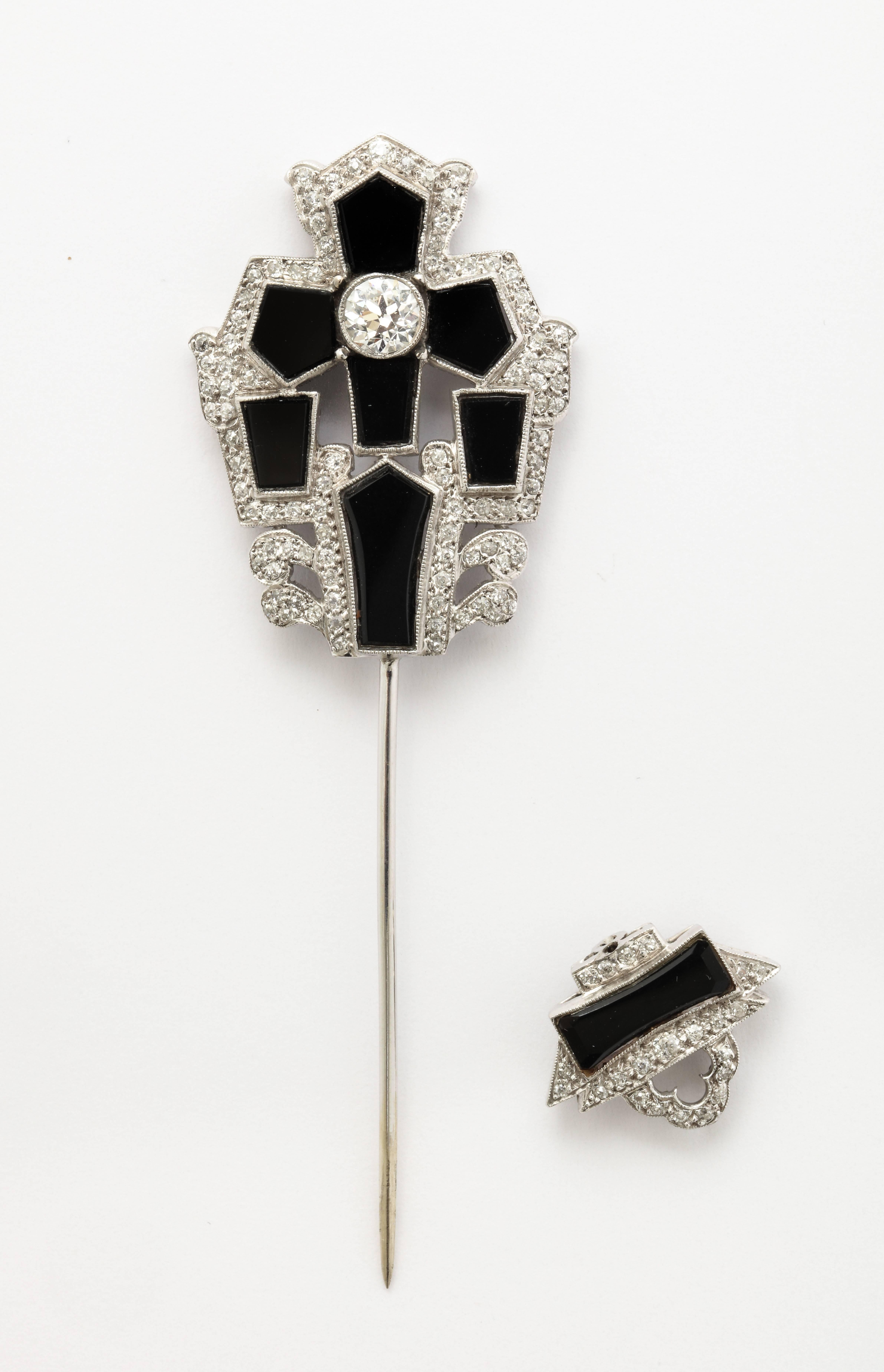 Art Deco Mine Cut Diamond and Onyx Jabot Brooch 1