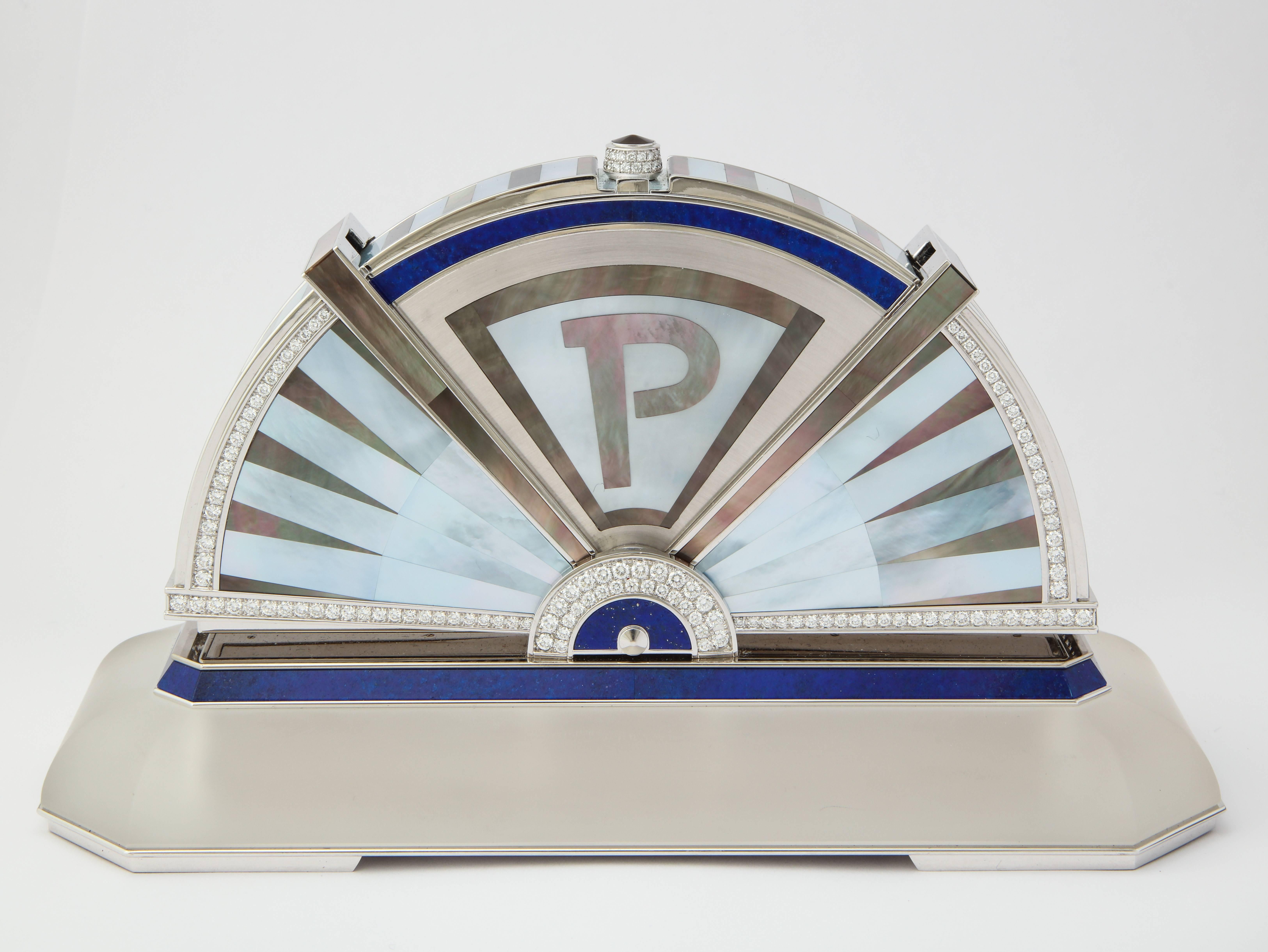 Art Deco Piaget Diamond White Gold Multi Gem Table Clock