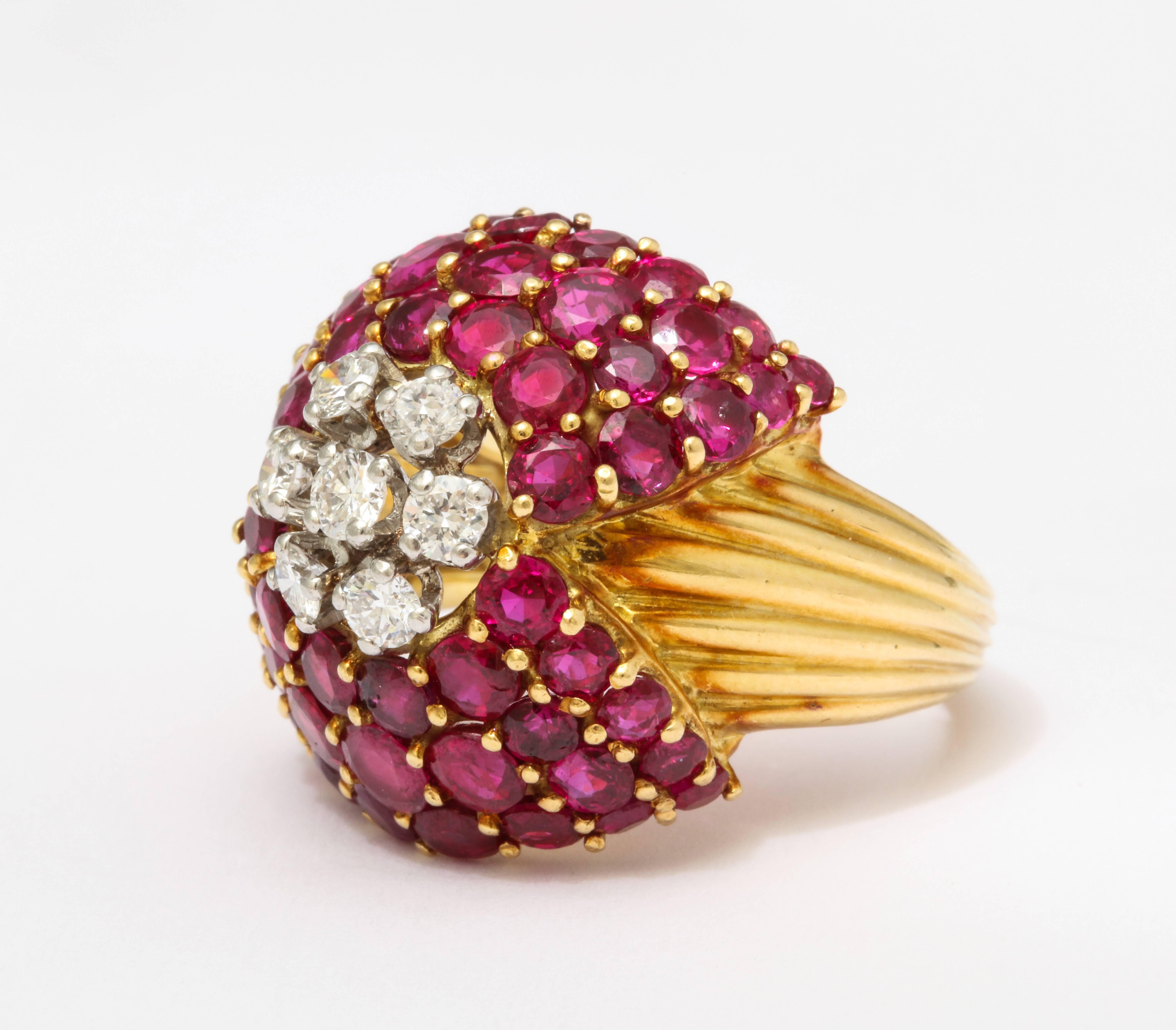 Women's or Men's 1950s Cartier France Ruby Diamond Gold Cocktail Ring