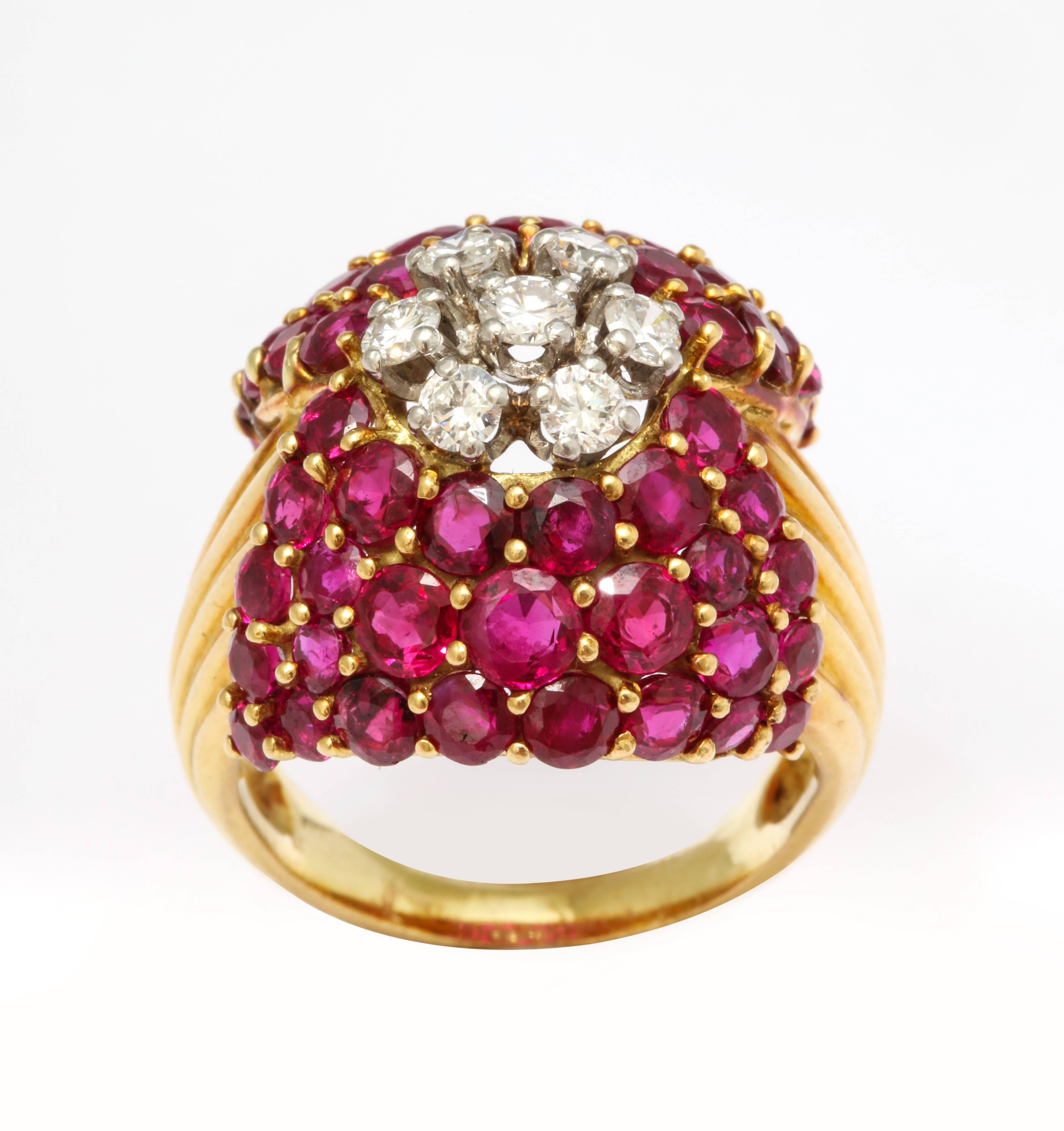1950s Cartier France Ruby Diamond Gold Cocktail Ring 2