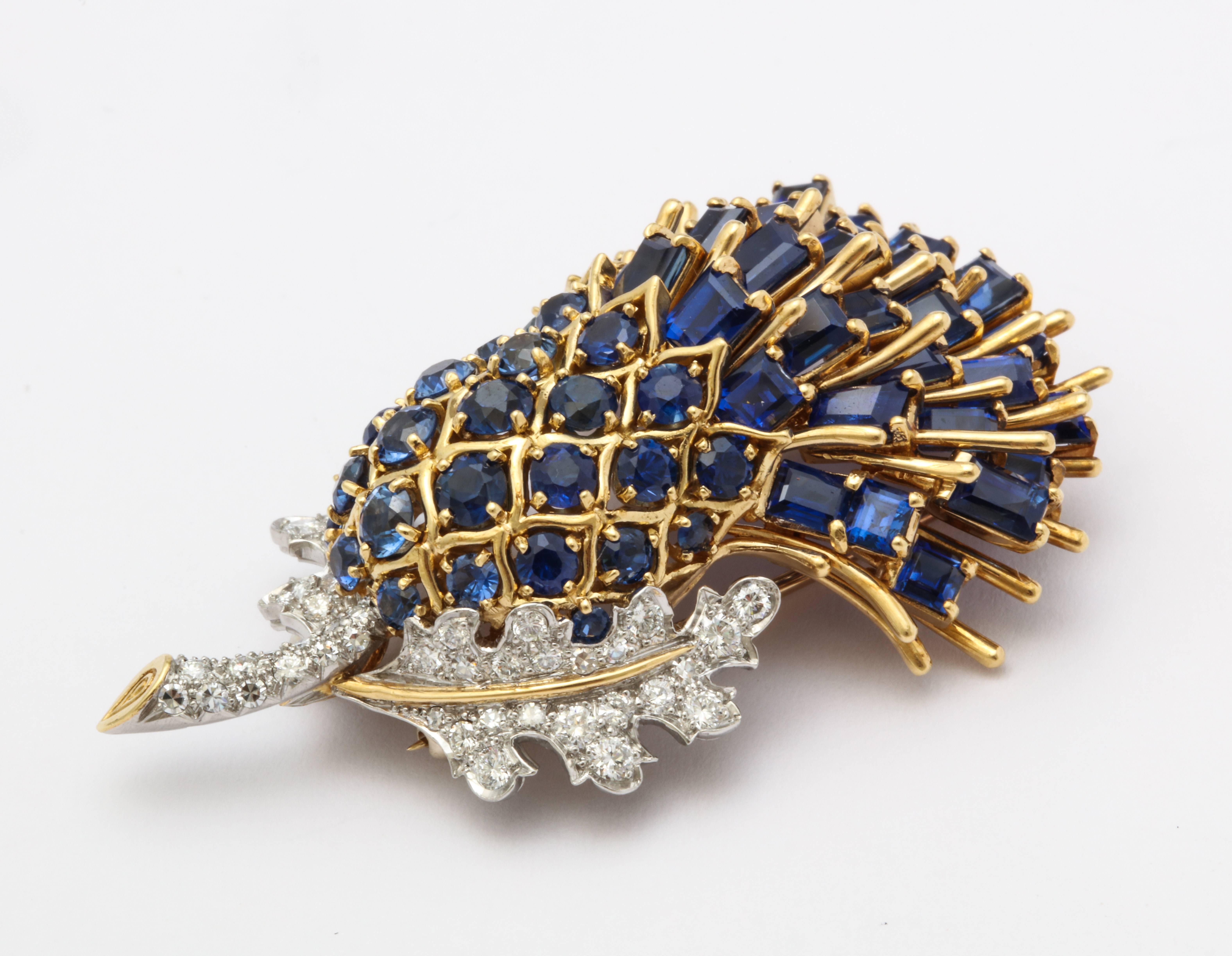 1950s Black Starr and Frost Sapphire Gold Thistle Brooch In Excellent Condition In New York, NY
