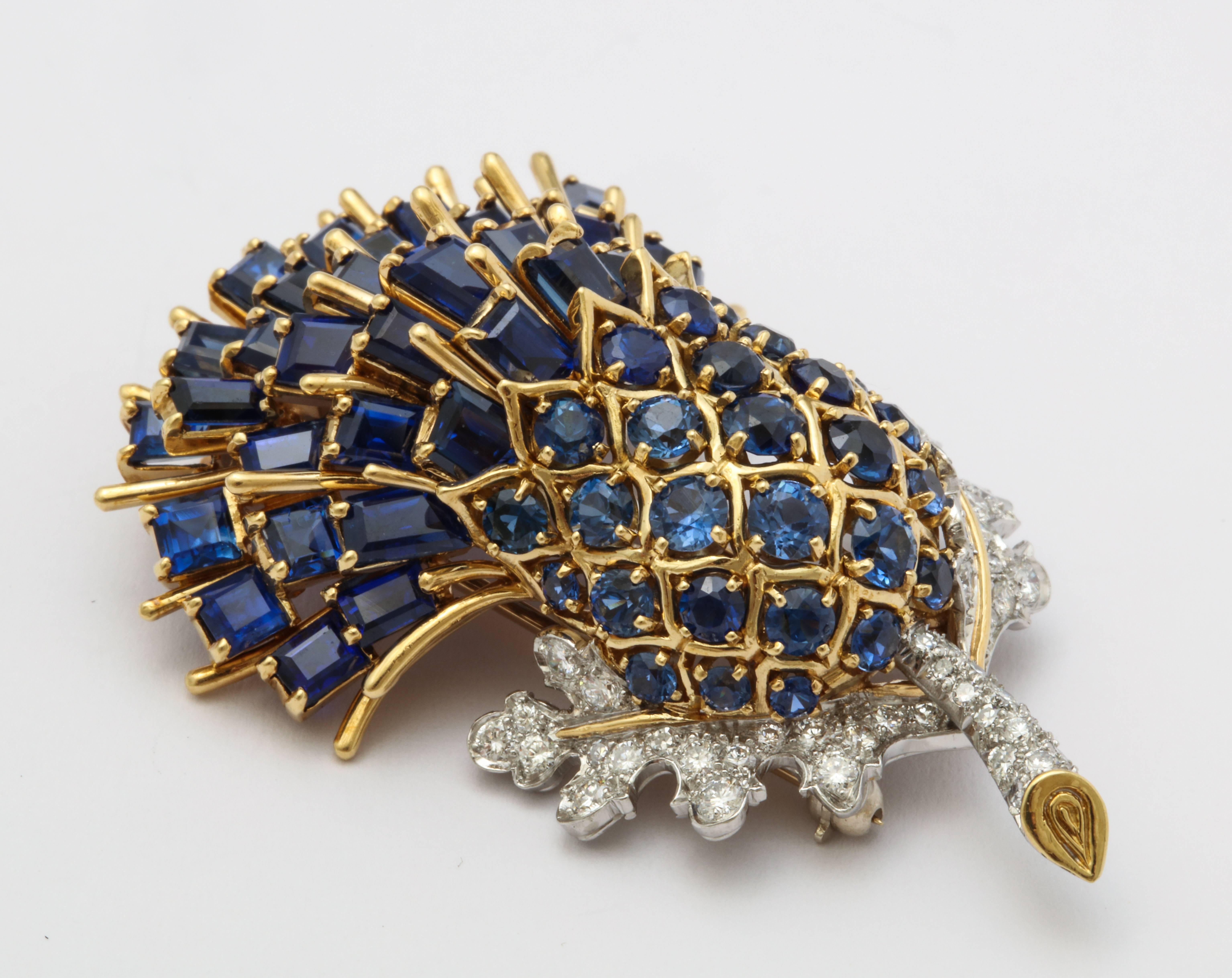 Women's or Men's 1950s Black Starr and Frost Sapphire Gold Thistle Brooch
