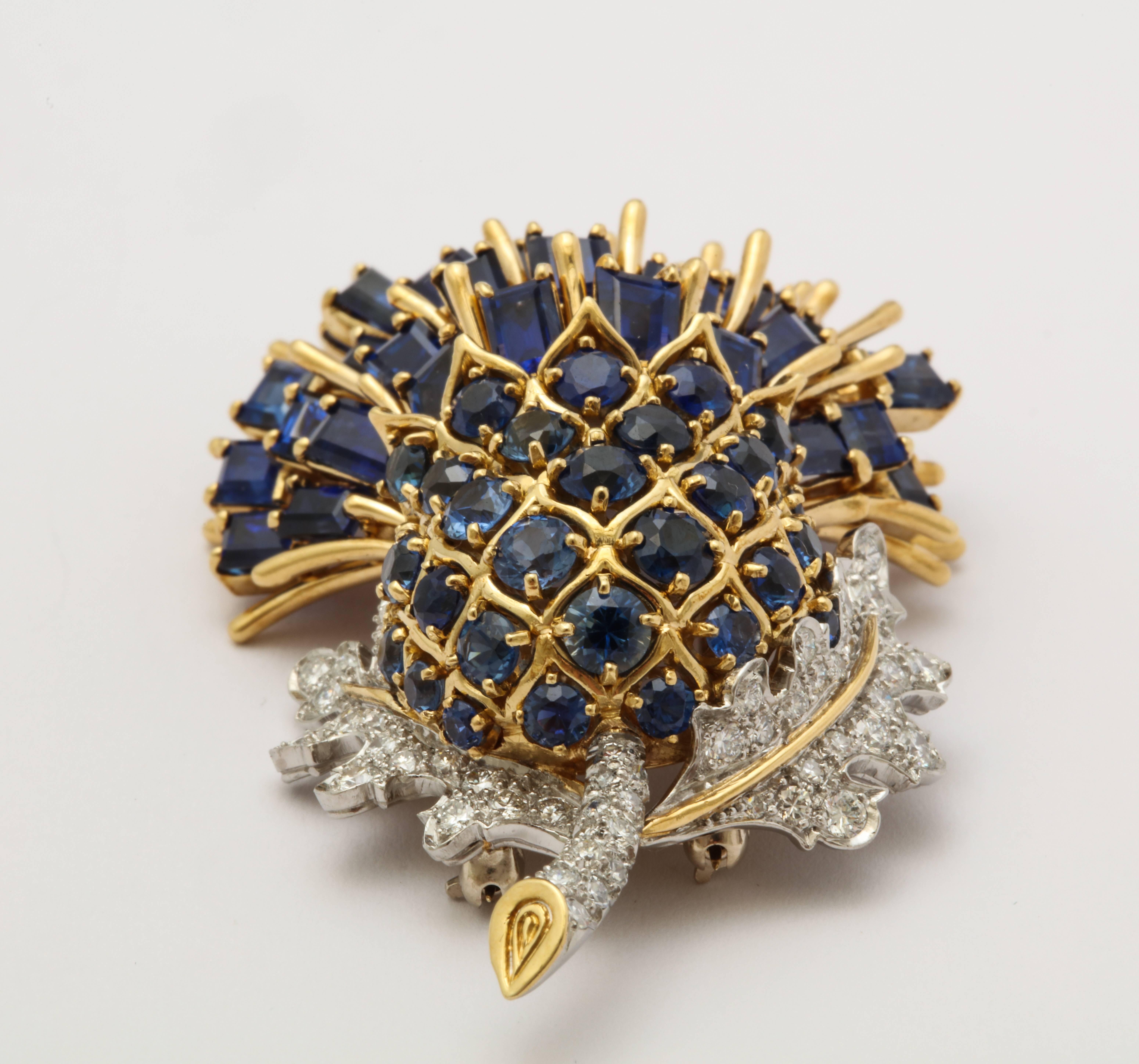1950s Black Starr and Frost Sapphire Gold Thistle Brooch 2