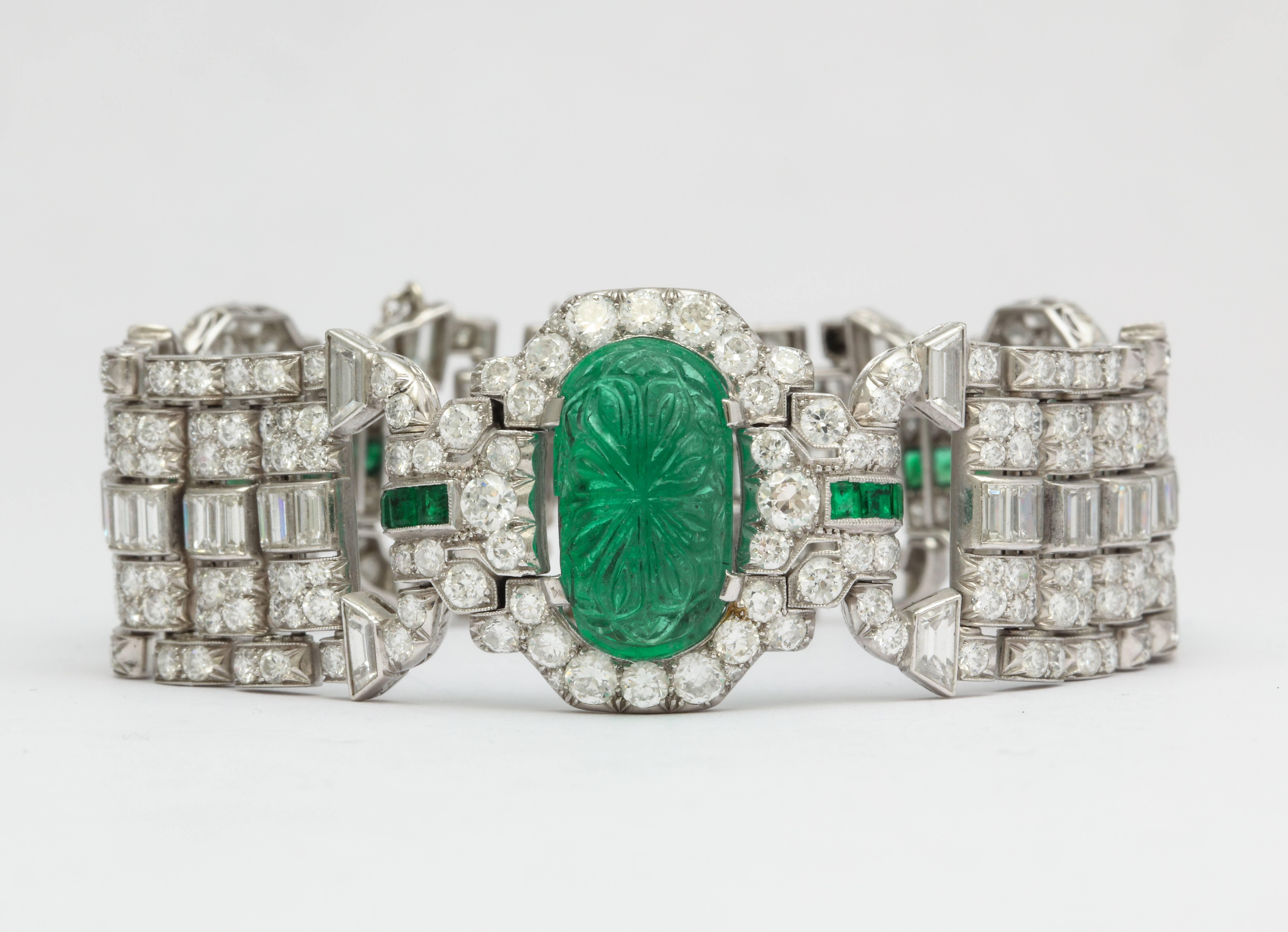 Art Deco Carved Emerald and Diamond Bracelet For Sale 4