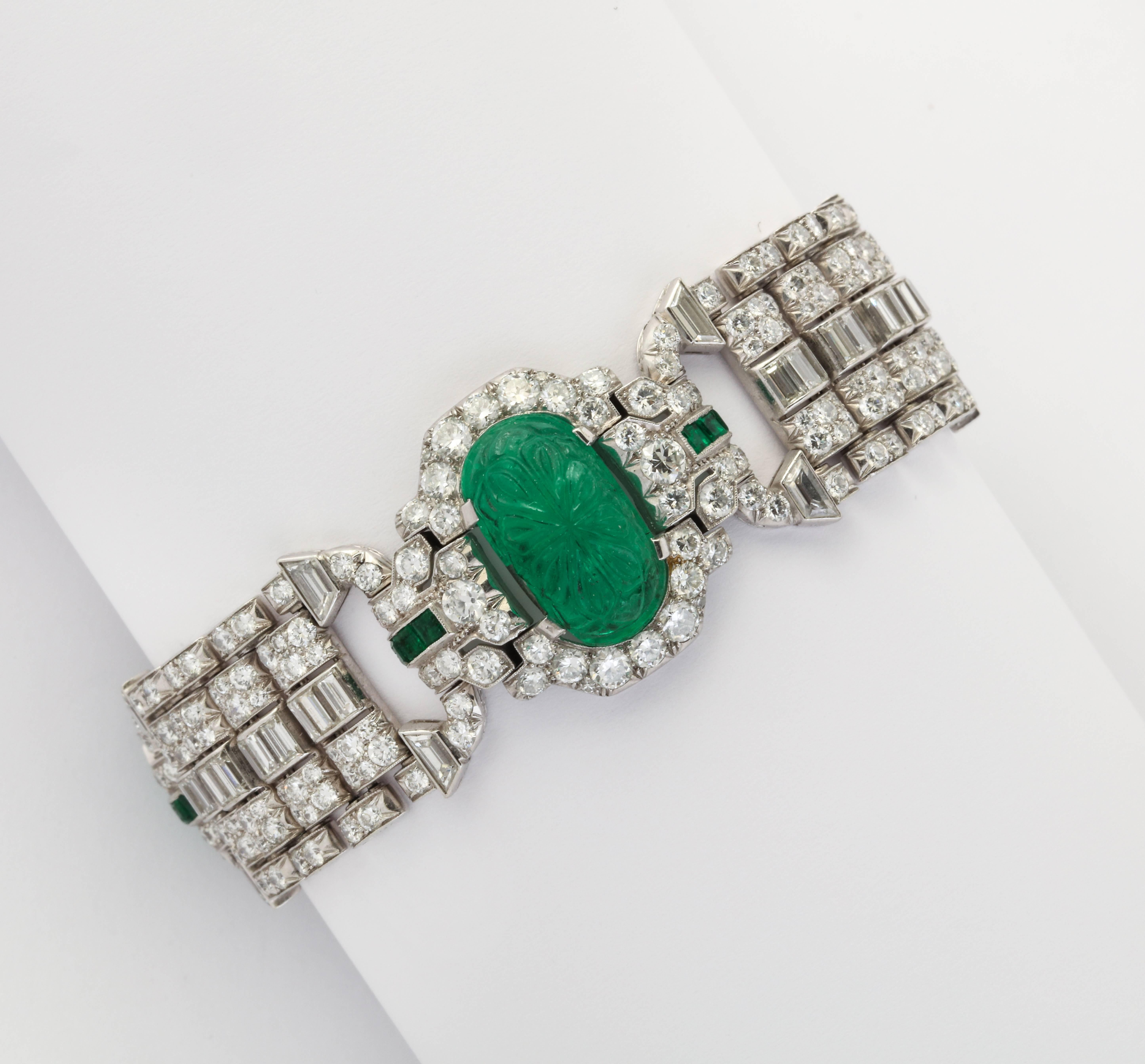 Art Deco Carved Emerald and Diamond Bracelet For Sale 2