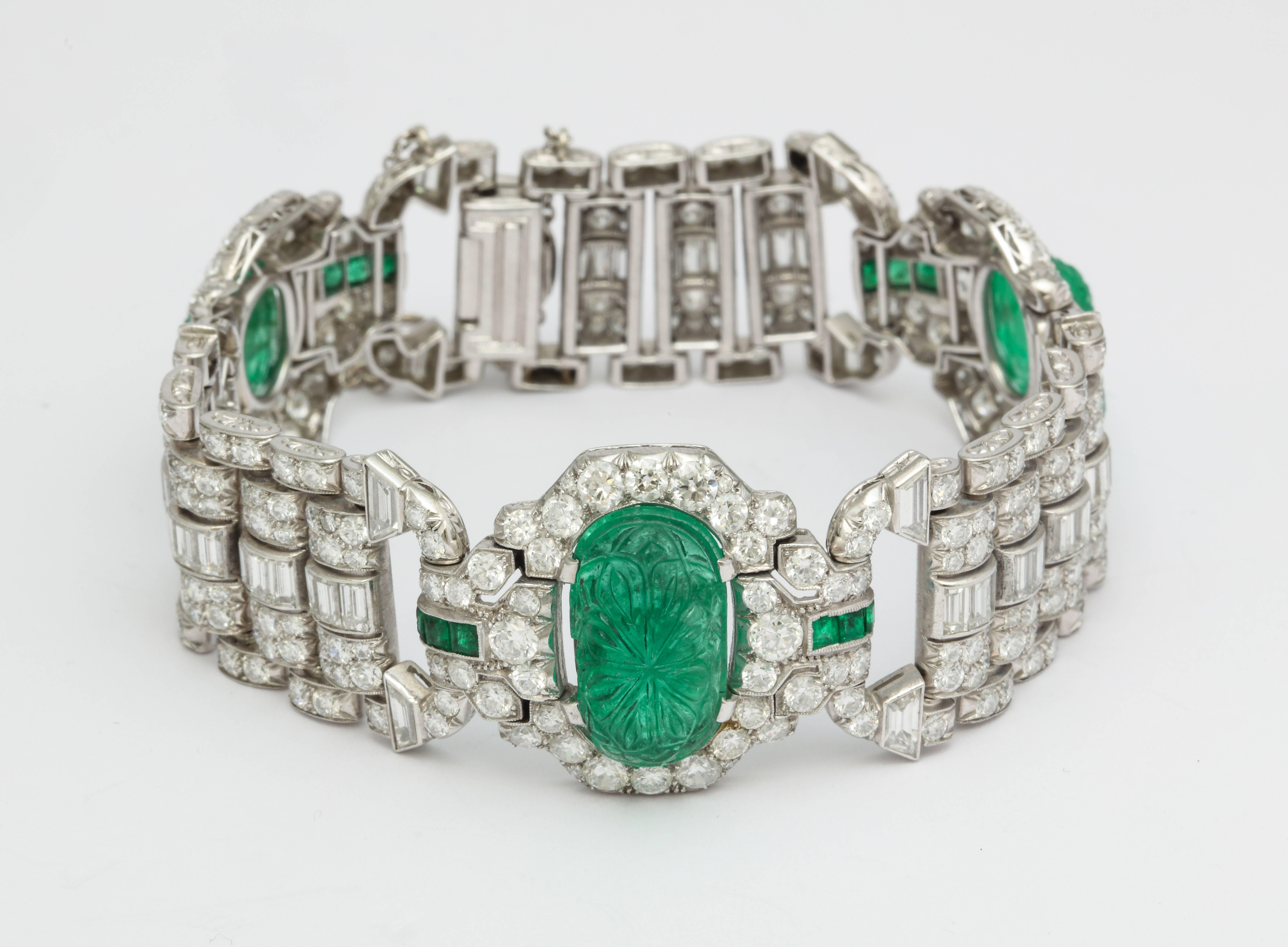 Art Deco Carved Emerald and Diamond Bracelet For Sale 3