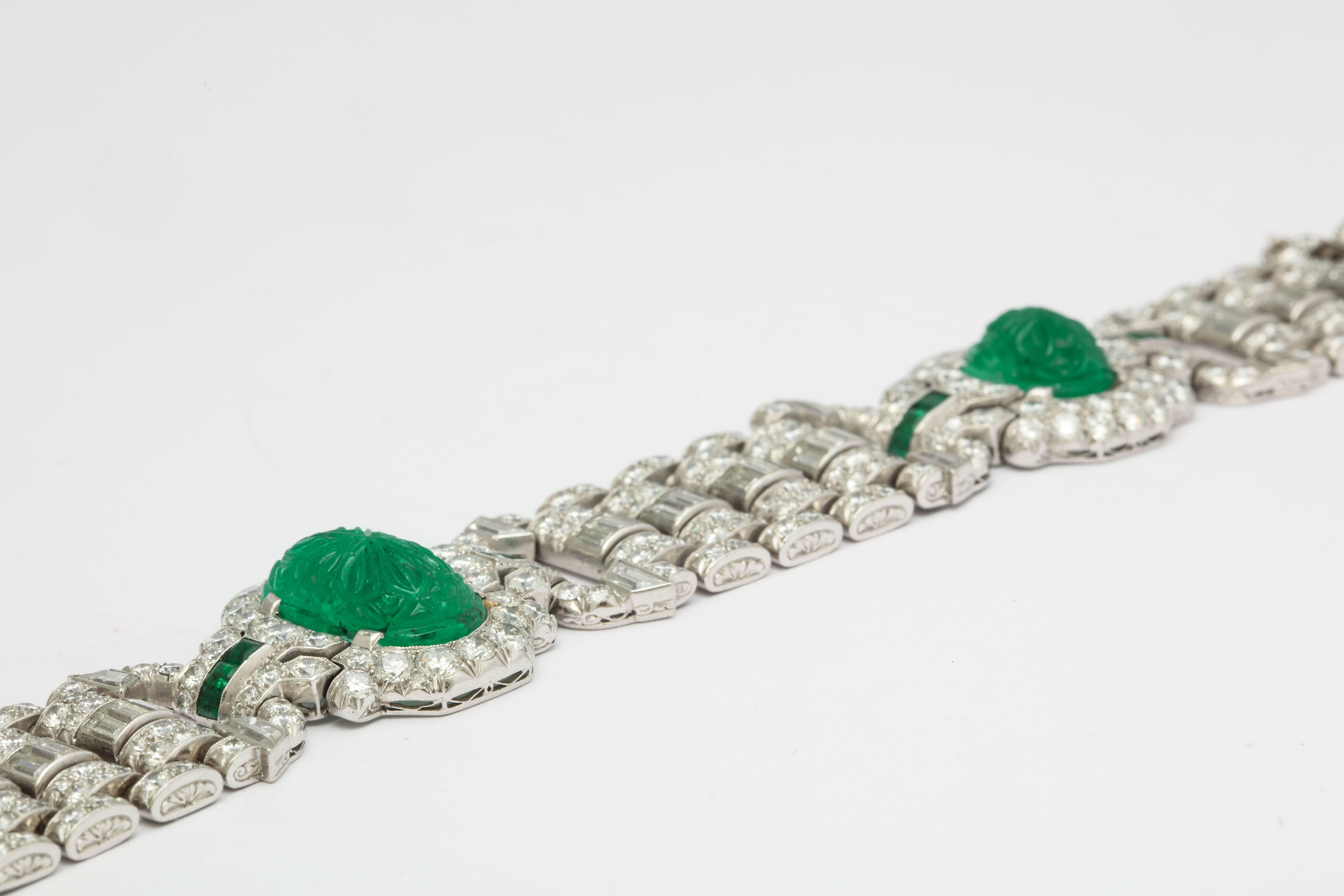 Art Deco Carved Emerald and Diamond Bracelet For Sale 5