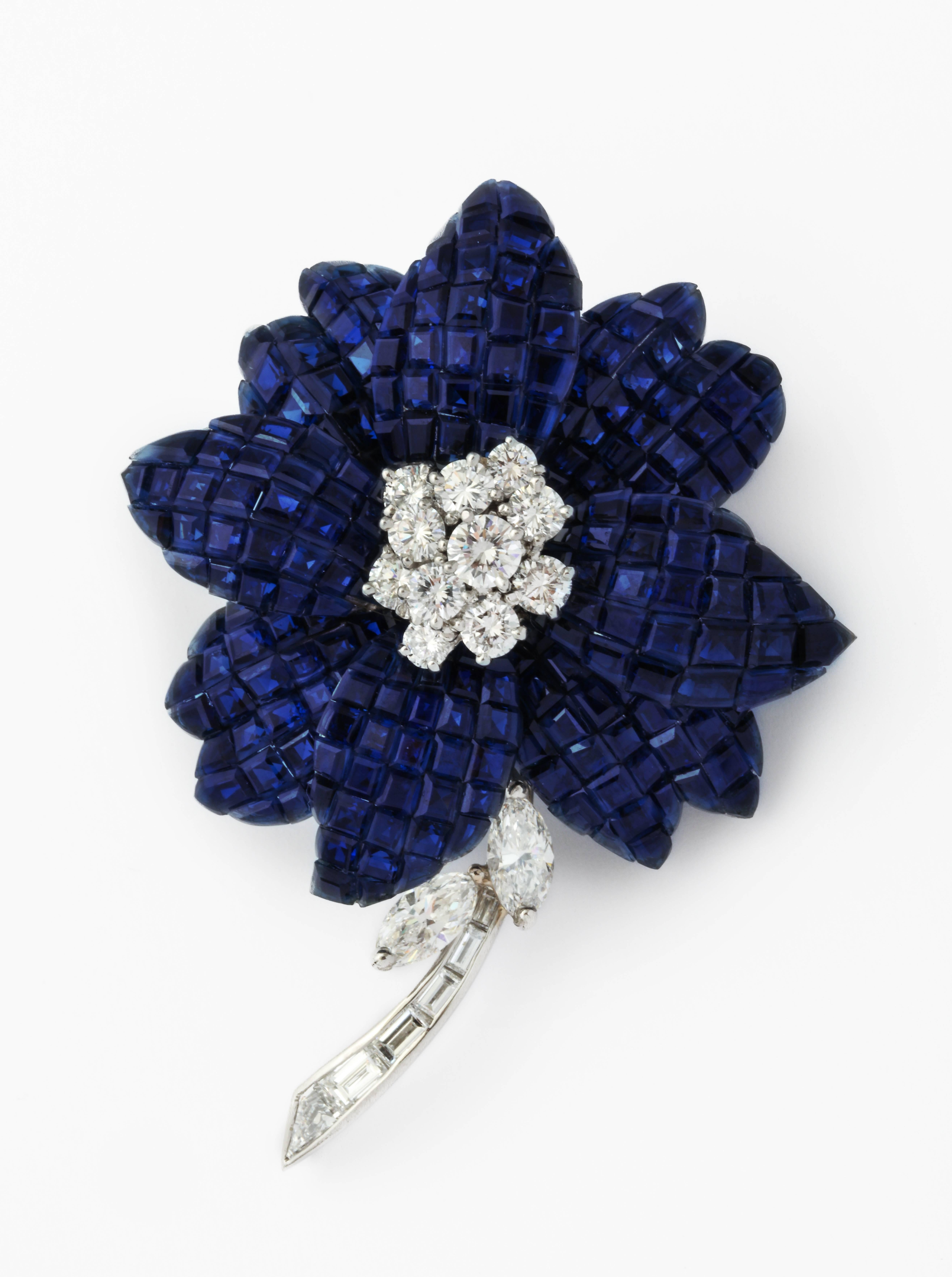 Women's or Men's Van Cleef & Arpels Mystery Set Sapphire and Diamond Brooch and Earrings Set