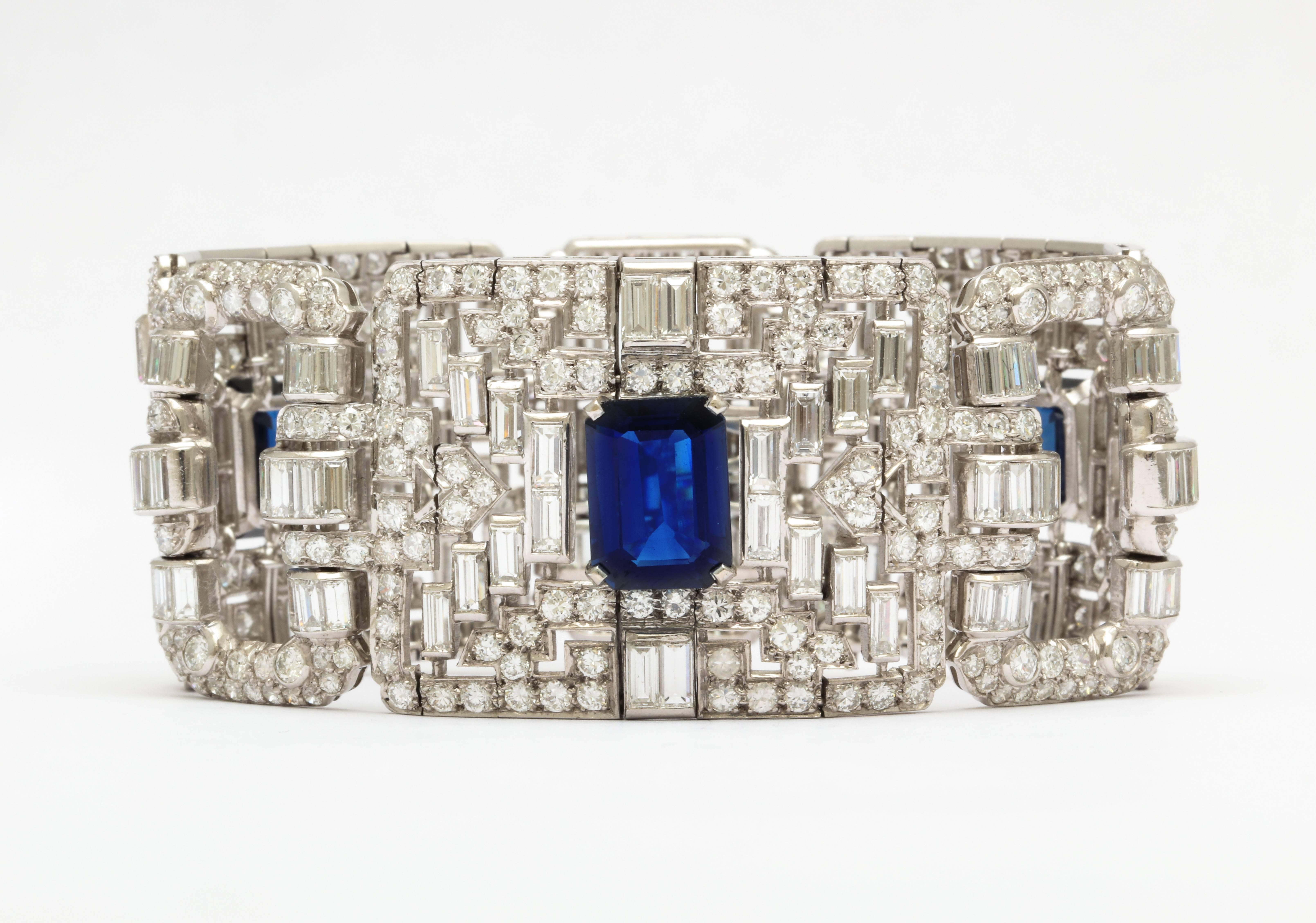 Women's or Men's Important Wide Art Deco Diamond and Sapphire Bracelet For Sale