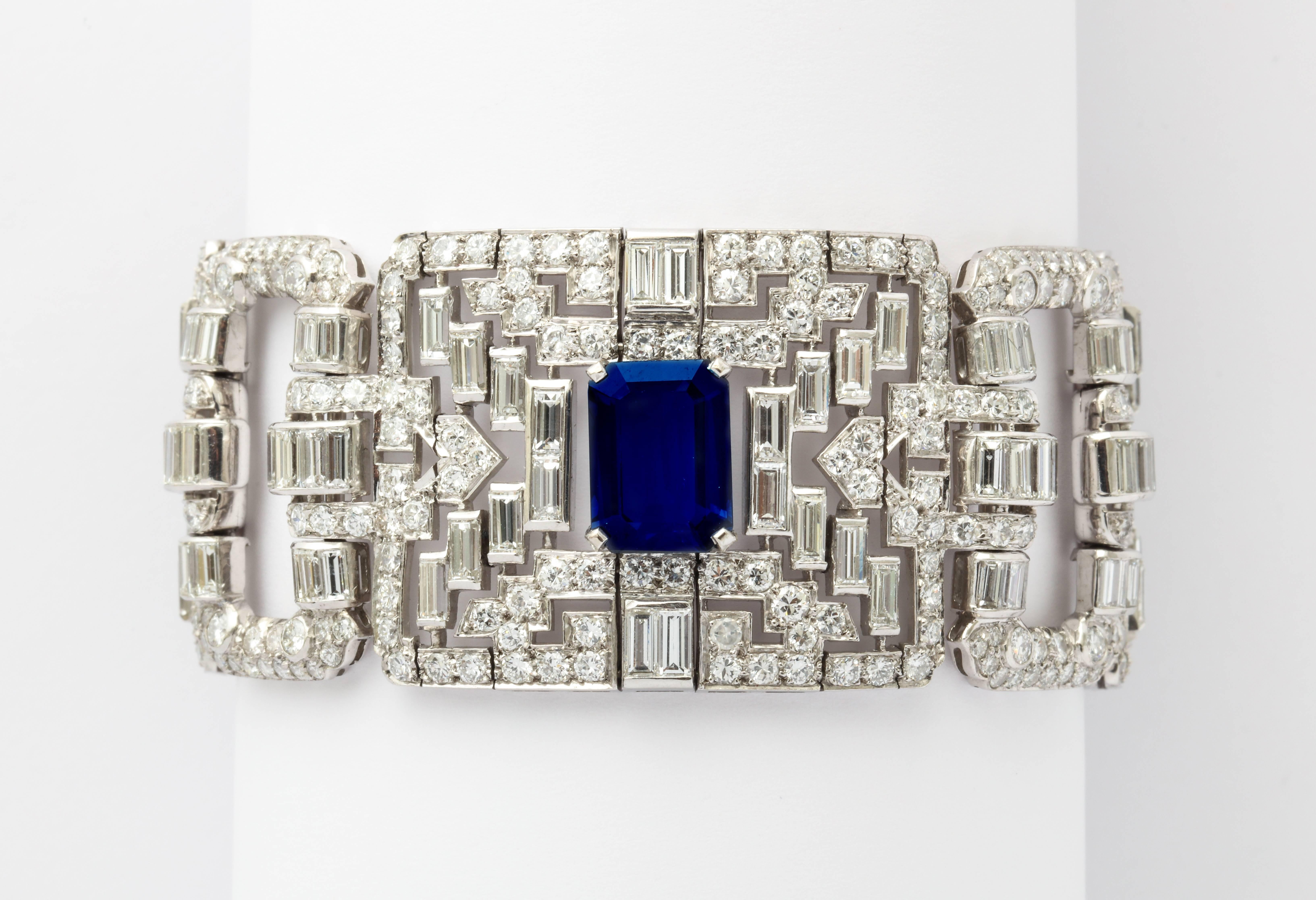 Important Wide Art Deco Diamond and Sapphire Bracelet For Sale 1