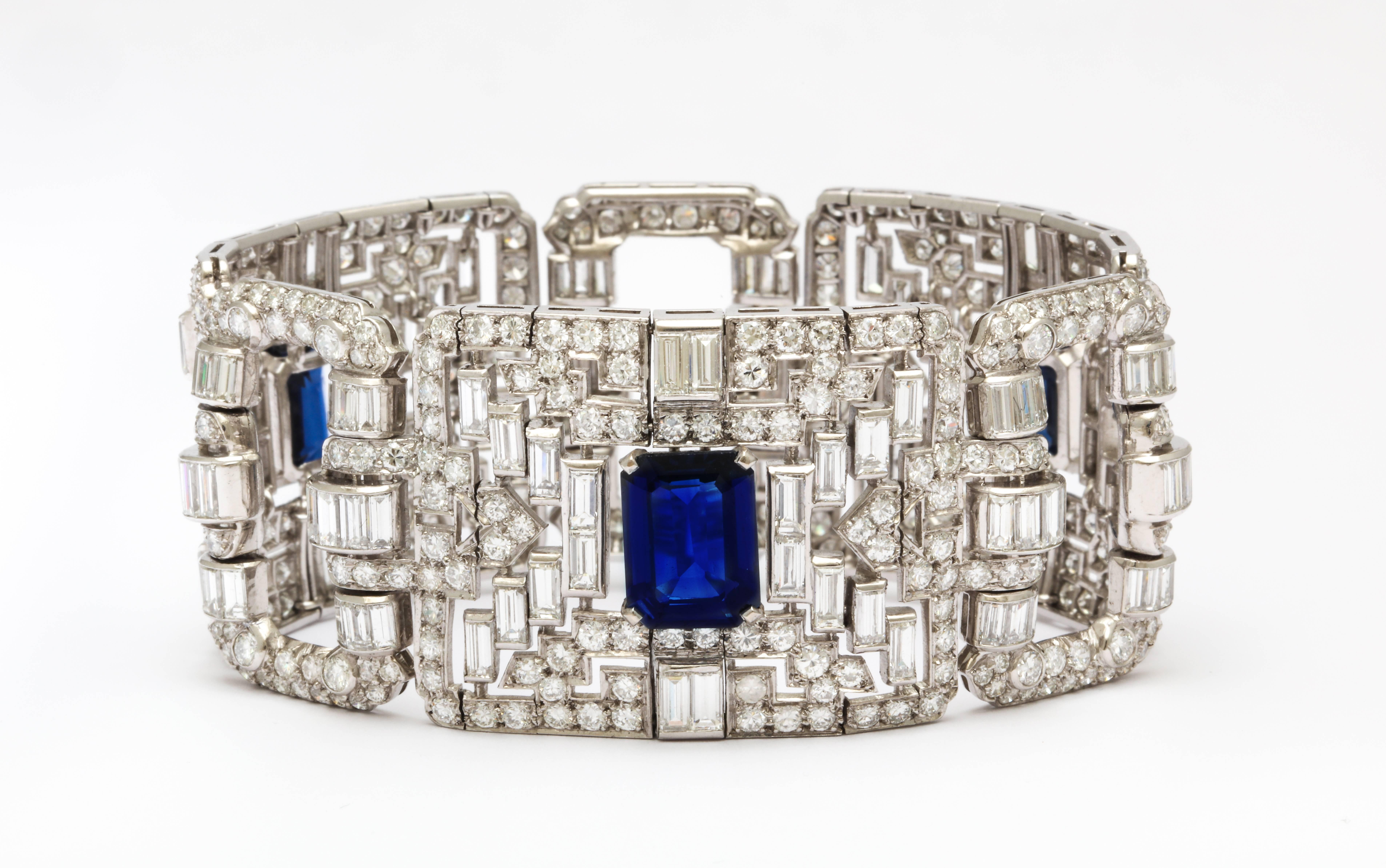 Important Wide Art Deco Diamond and Sapphire Bracelet In Good Condition For Sale In New York, NY