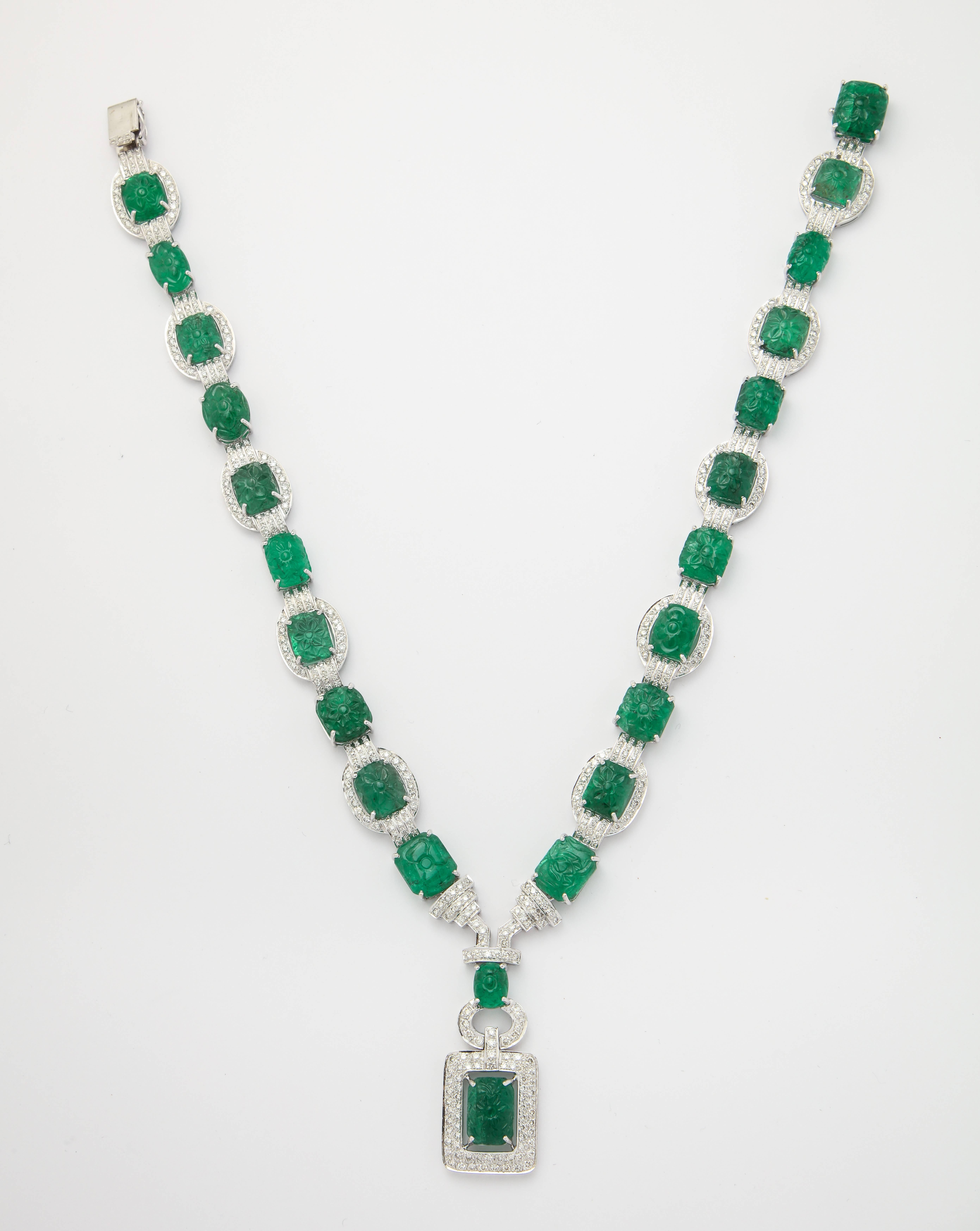 Cabochon Important Carved Emerald and Diamond Necklace