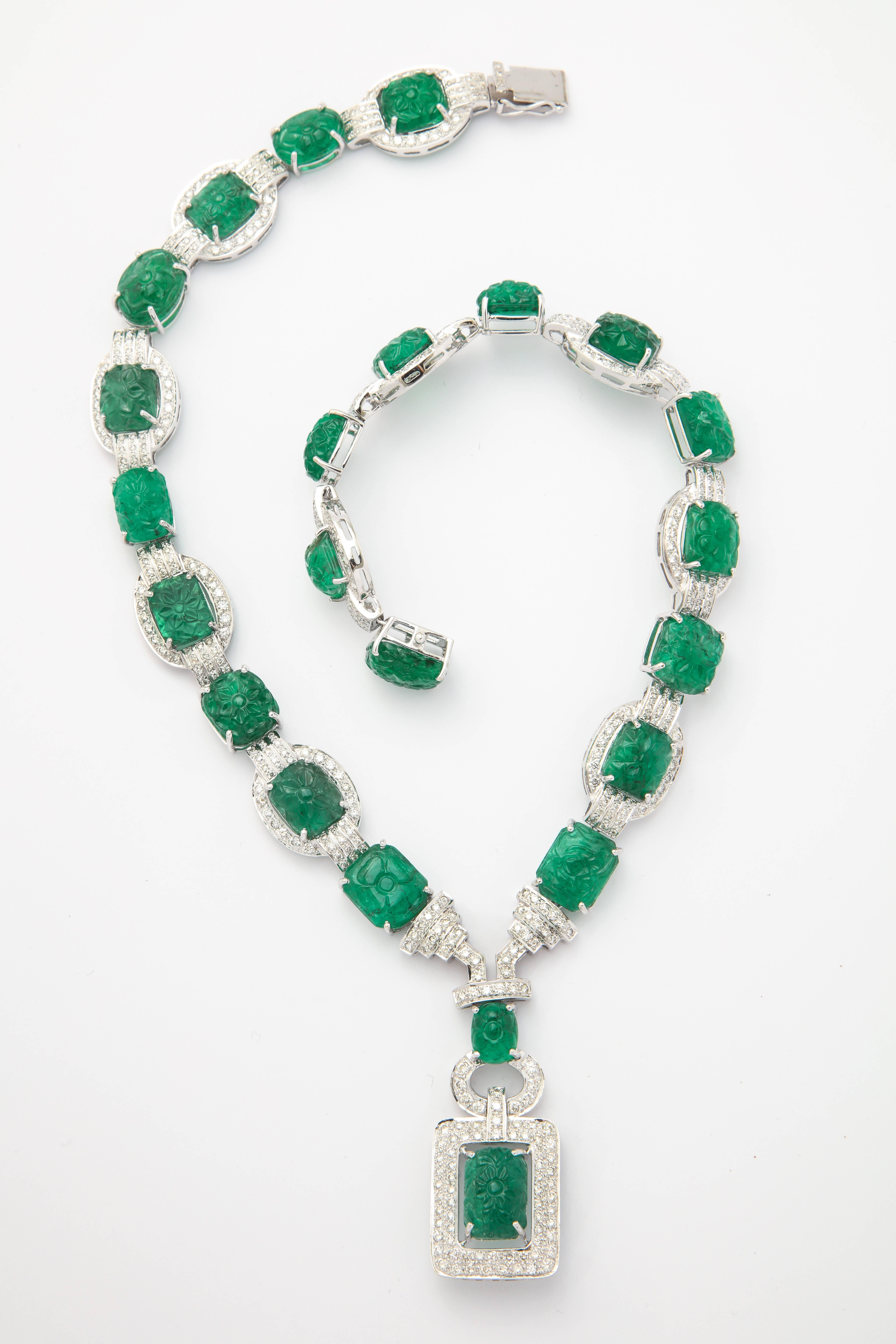 Art Deco Important Carved Emerald and Diamond Necklace