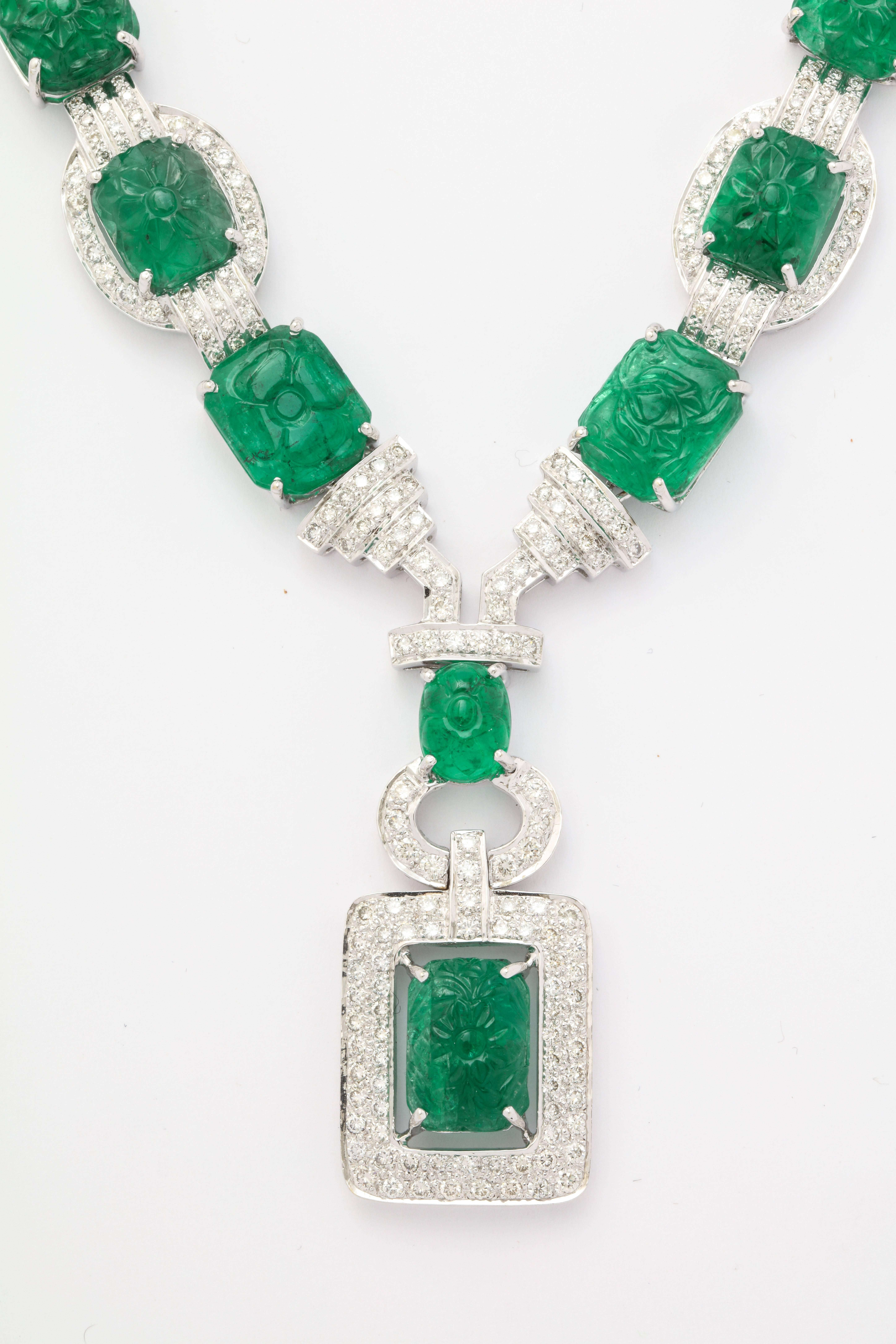 Important Carved Emerald and Diamond Necklace In Good Condition In New York, NY
