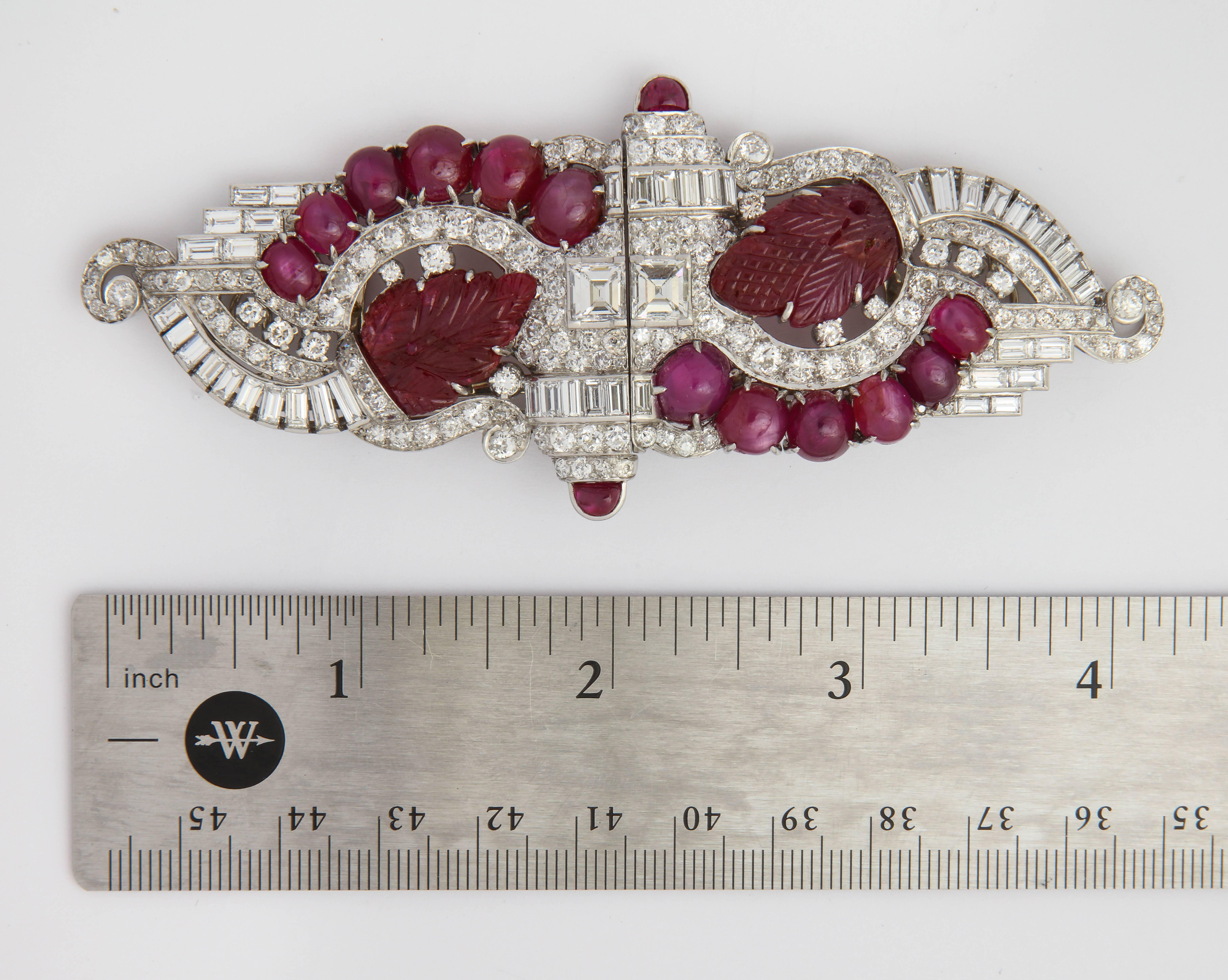 Art Deco Carved Ruby and Diamond Double Clip Brooch or Pearl Combination 3