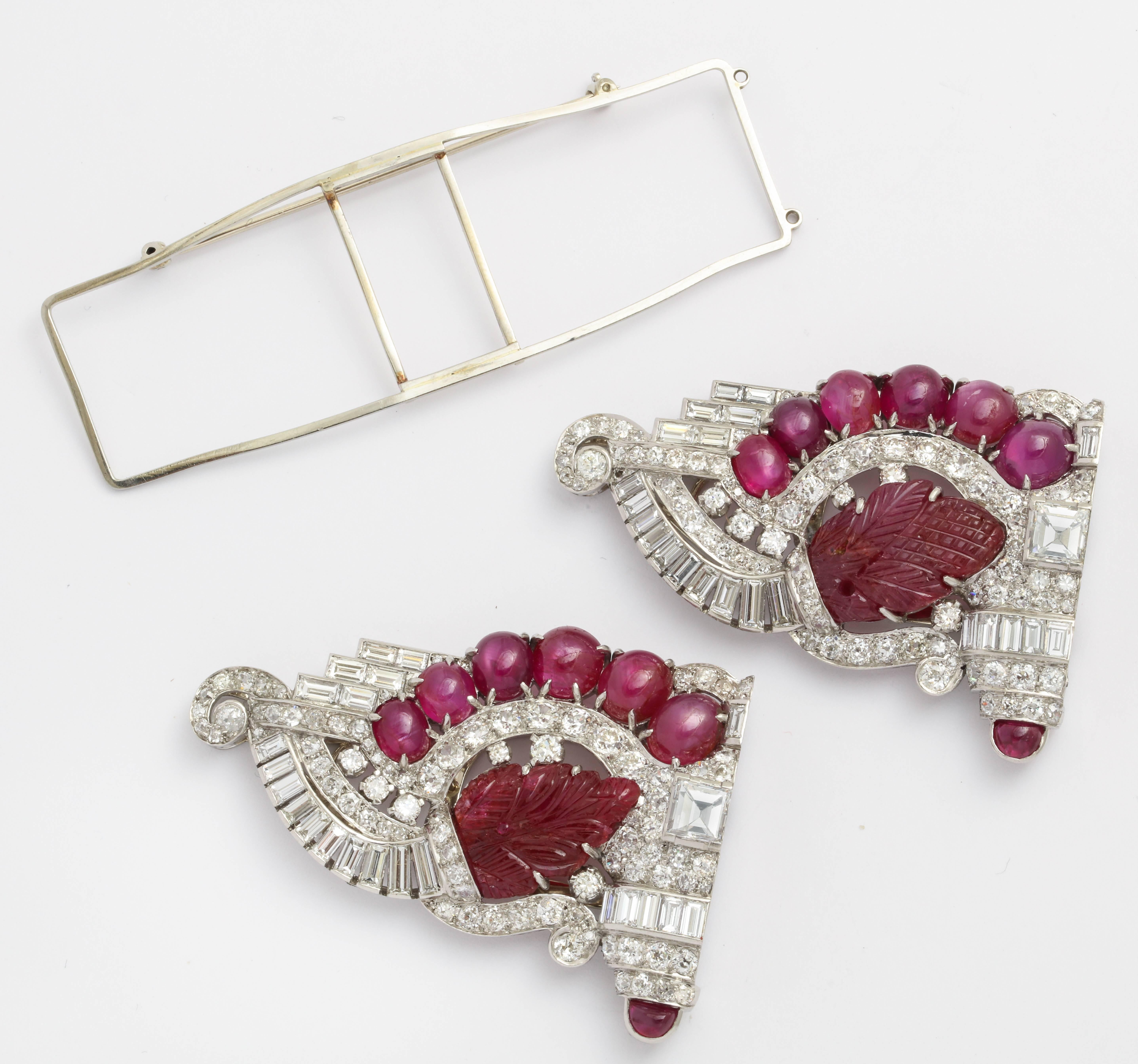Women's or Men's  Art Deco Carved Ruby and Diamond Double Clip Brooch or Pearl Combination
