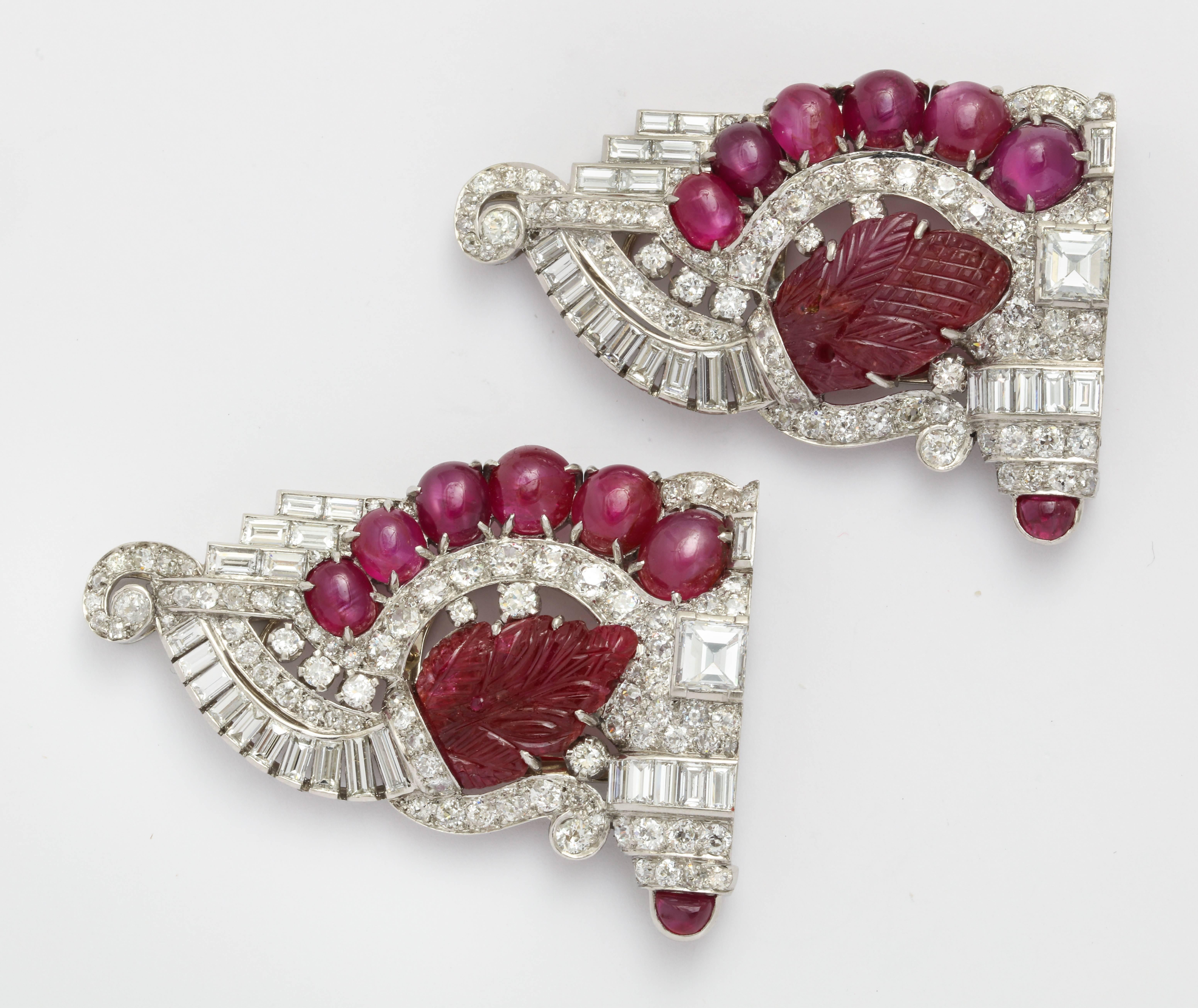  Art Deco Carved Ruby and Diamond Double Clip Brooch or Pearl Combination 1