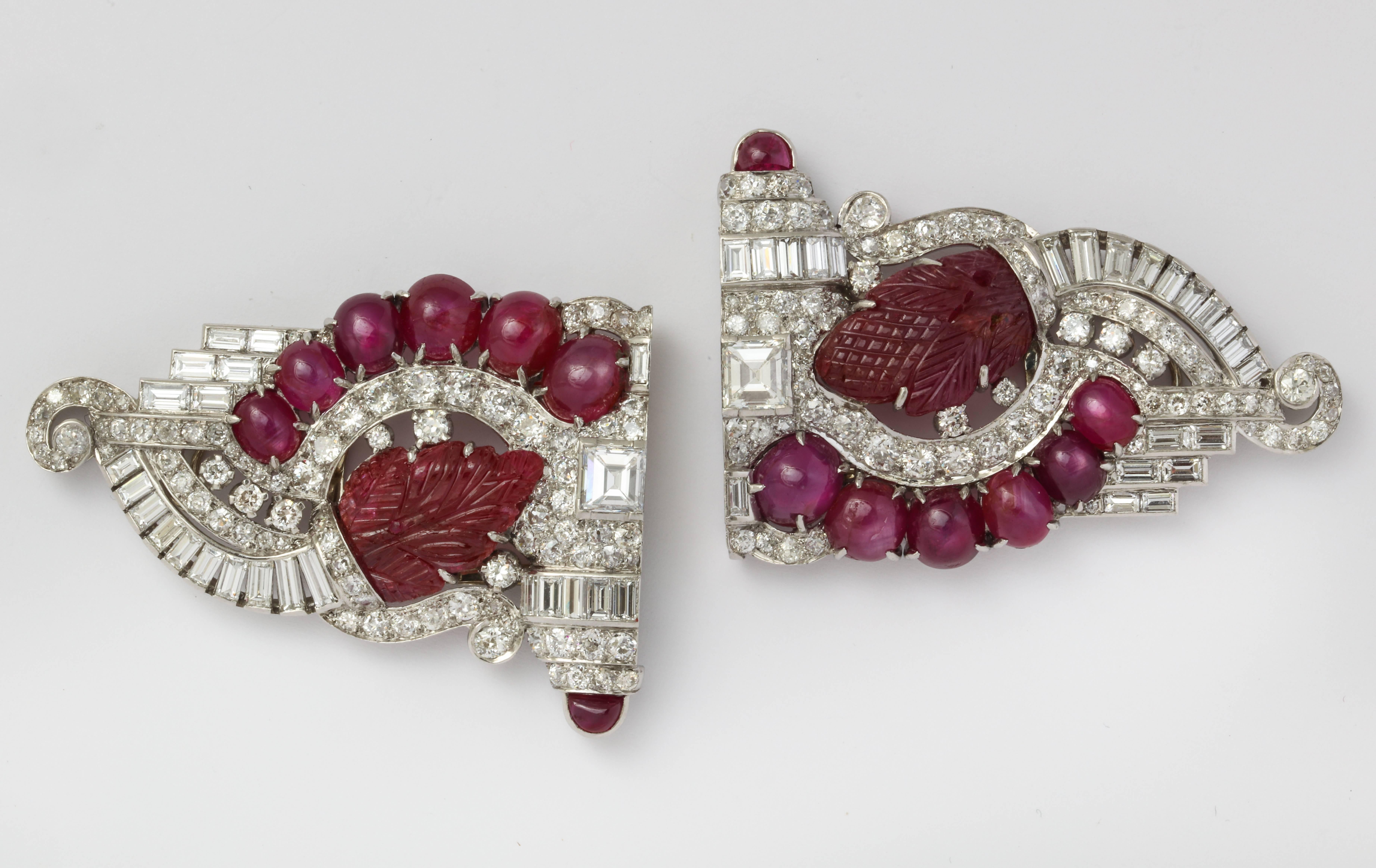  Art Deco Carved Ruby and Diamond Double Clip Brooch or Pearl Combination 2