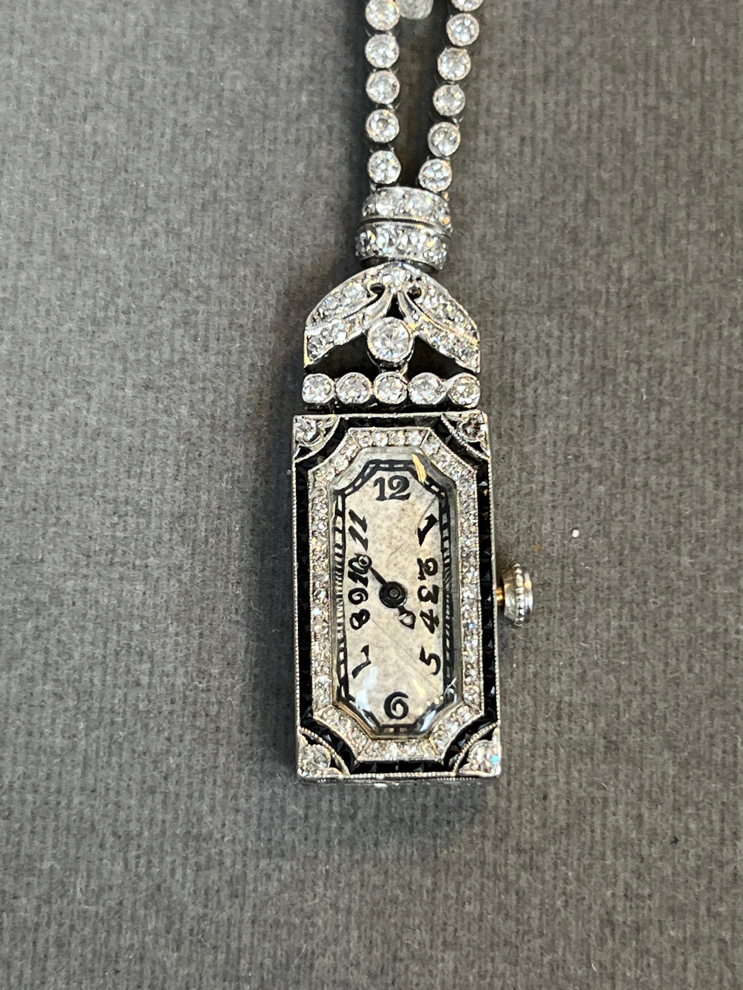 Art Deco Diamant und Onyx Ansteckuhr im Angebot 1