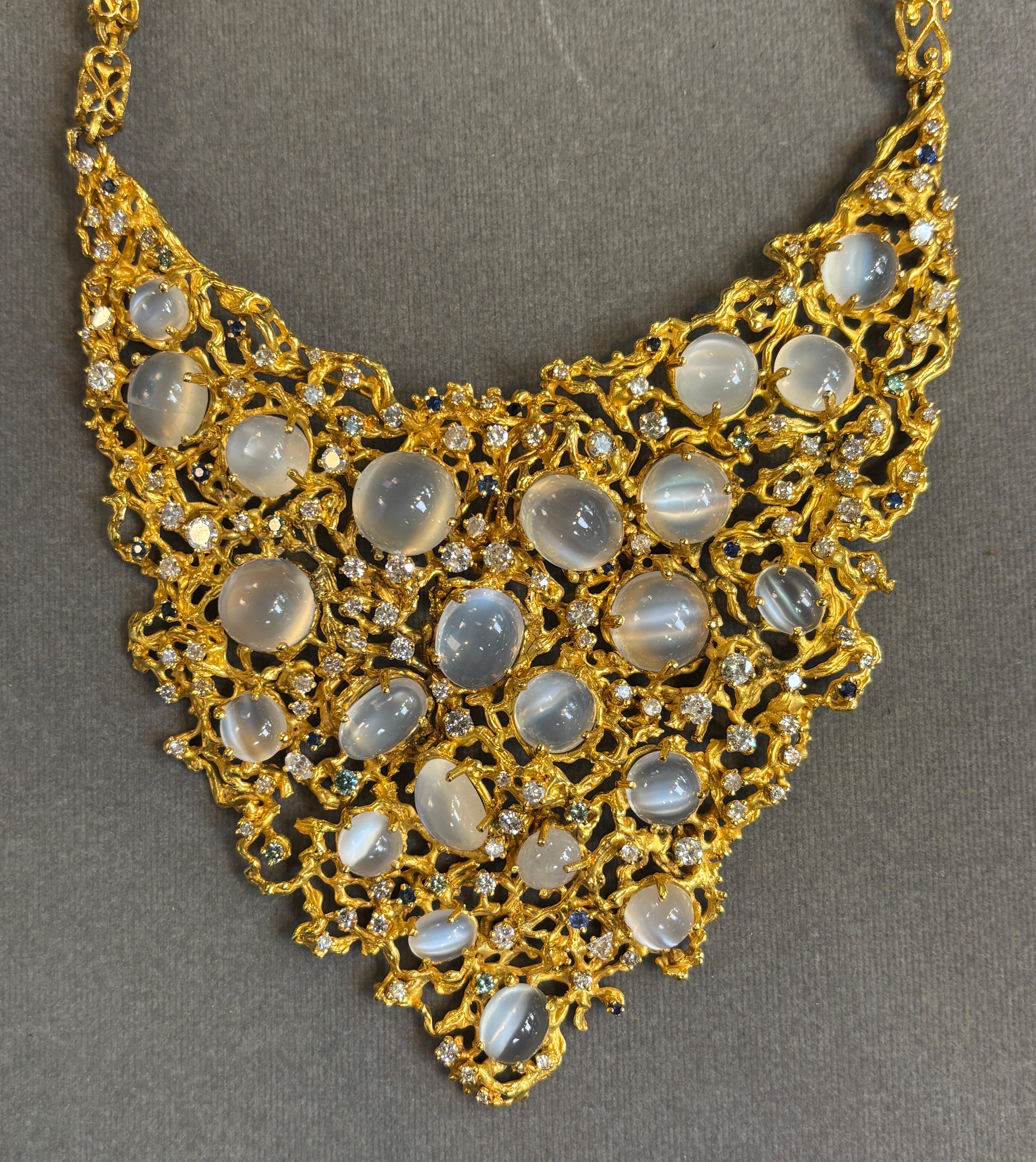 Große brutalistische Mondstein- und Diamant-Latzkette im Angebot 4