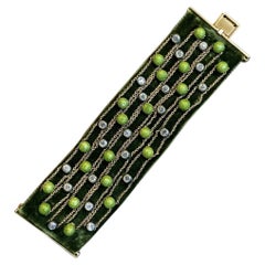 Highly Unusual Green Enamel and Diamond on Silk Bracelet by Cartier Paris